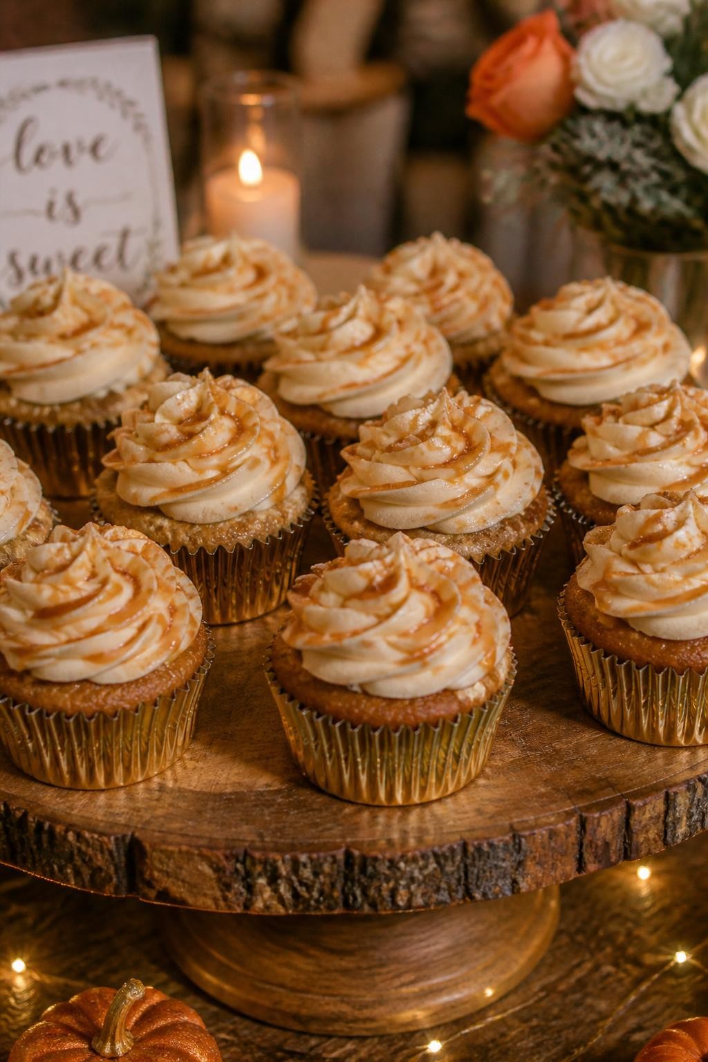 Realistic DSLR close-up of cinnamon roll style fall wedding cupcakes with swirled spice cake, cream cheese frosting, thin cinnamon glaze, gold liners, stacked on a rustic wooden cake stand, warm candlelight, cozy wedding brunch reception mood.