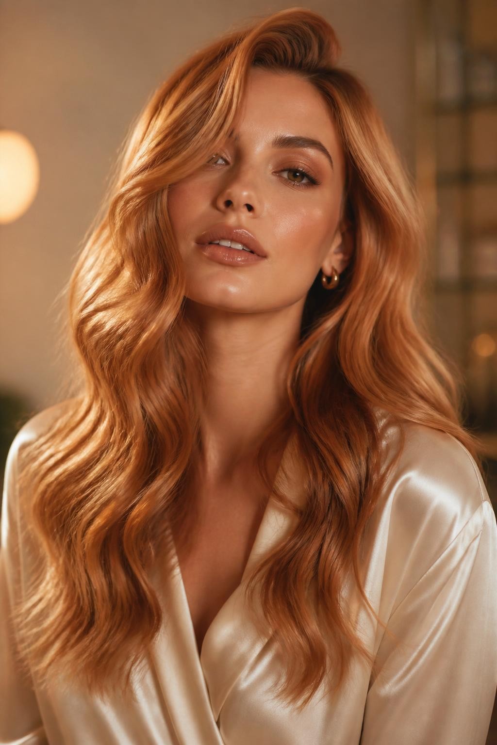 Image Prompt: A beautiful woman with long peach gold hair, warm peach shade with soft golden undertones, loose glossy waves, bronzed natural makeup, glossy nude lips, small gold earrings, ivory satin blouse, warm indoor studio setting, soft diffused lighting, realistic DSLR editorial portrait, detailed peach-gold shine and movement, no text, (no watermarks on images)