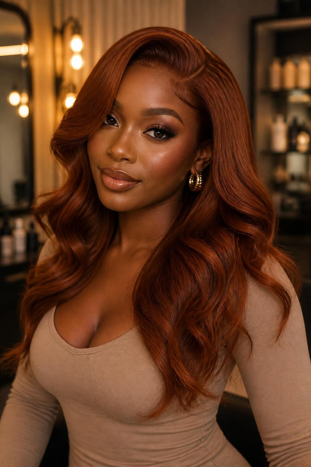 Image Prompt: A beautiful woman wearing a long copper auburn wig, layered loose waves, rich copper auburn hair color with glossy shine, natural-looking hairline, deep brown skin, smooth soft glam makeup, gold earrings, fitted beige top, luxury beauty studio setting, soft warm lighting, realistic editorial portrait, detailed wave texture and copper auburn color depth, no text, (no watermarks on images)
