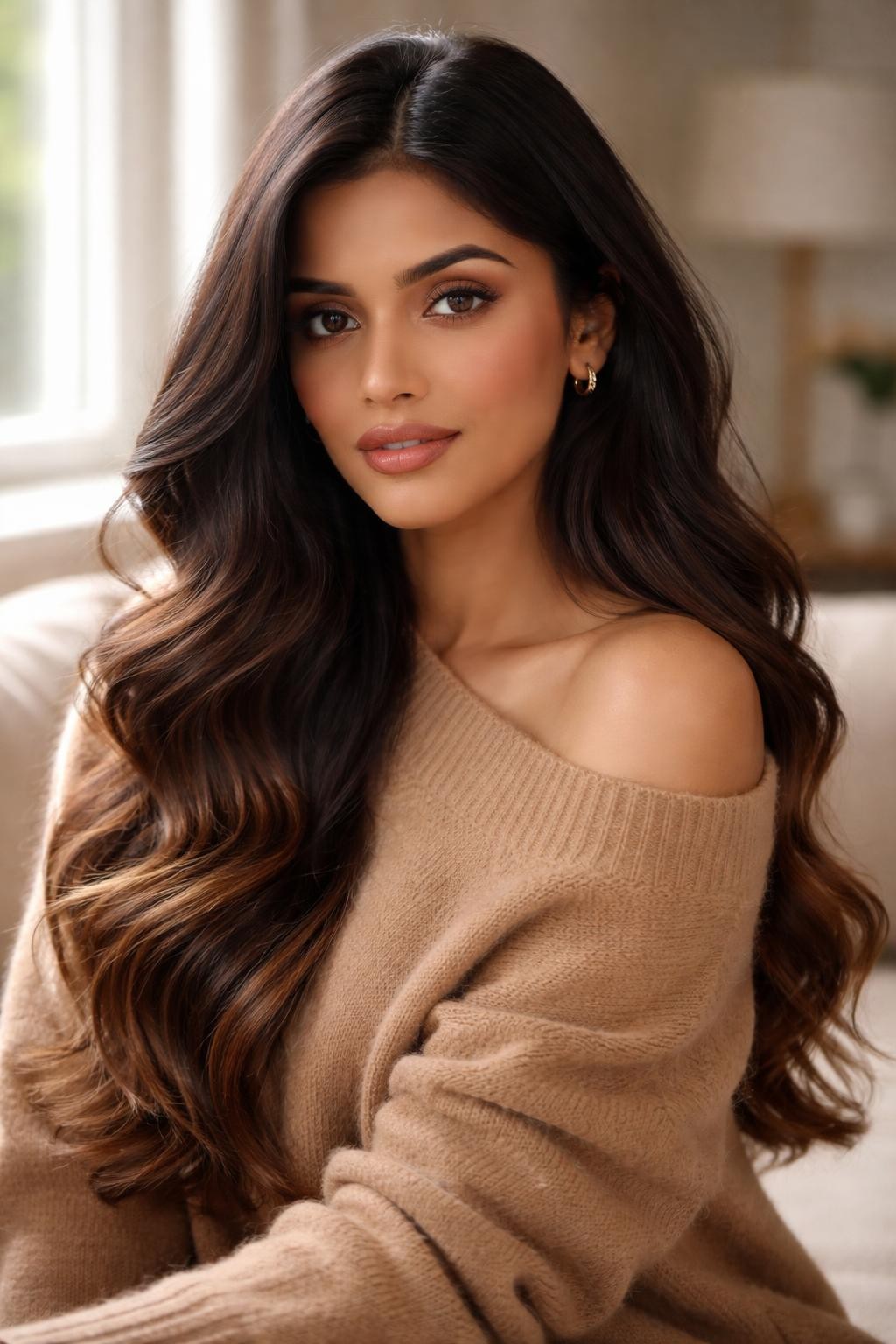 Image Prompt: A stylish Indian woman with long dark espresso brown hair and caramel-dipped ends, glossy dark roots and mid-lengths blending into warm caramel tips, soft loose waves, warm olive skin tone, natural glam makeup, nude gloss, camel sweater, cozy indoor background, soft window light, realistic beauty editorial photo, smooth color transition, no text, (no watermarks on images)