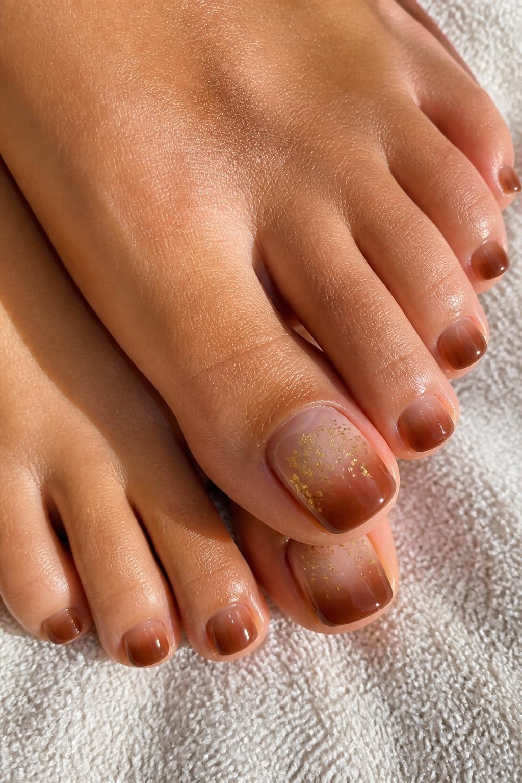 Close-up DSLR beauty photo of a pedicure on olive skin, each toenail fading from milky nude at the base to warm brown at the tips, delicate gold foil on both big toenails, feet resting on a cream towel, natural daylight, clean cuticles, no face visible.
