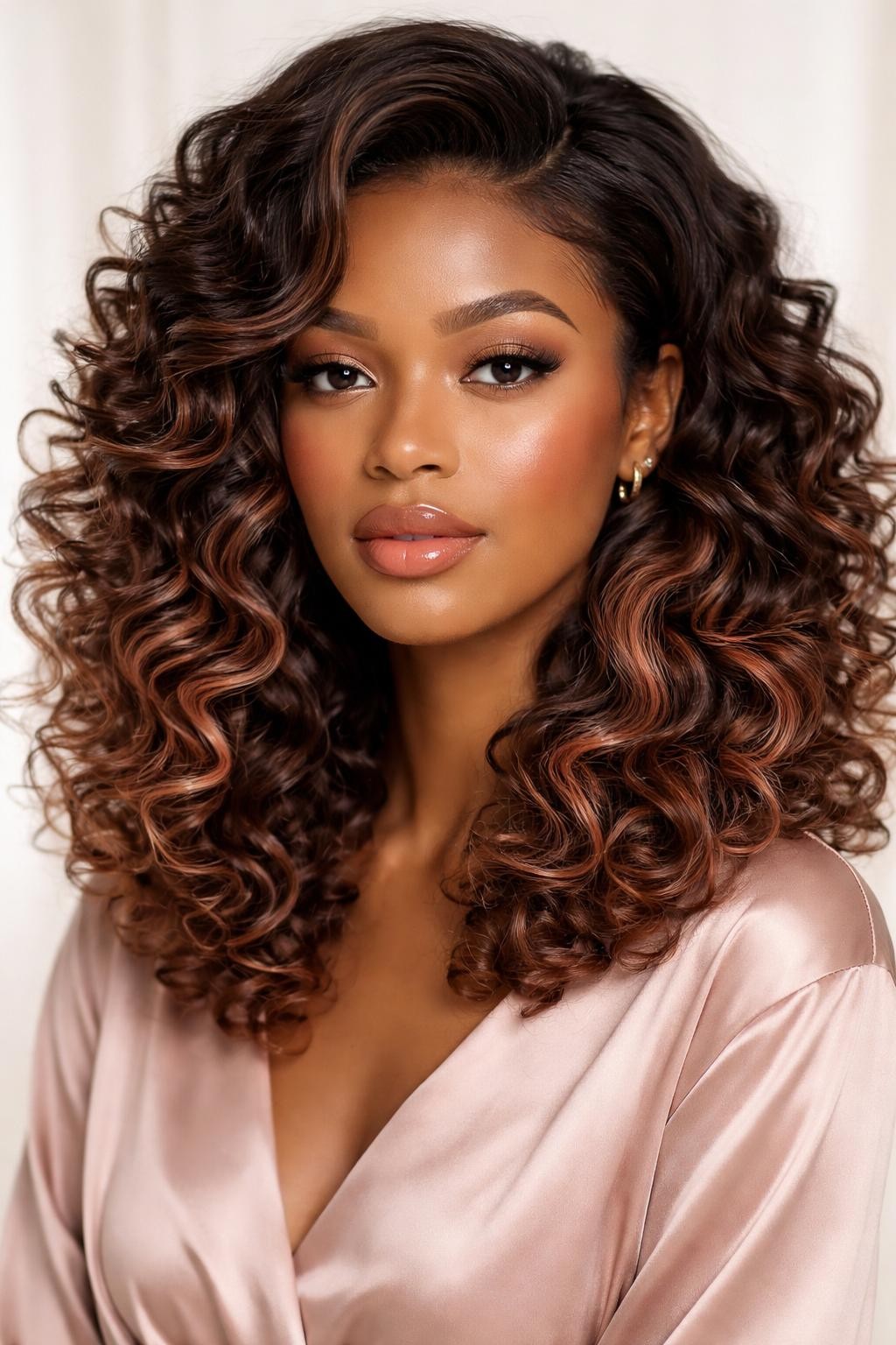 Image Prompt: A gorgeous black woman with medium-length curly hair, soft brown top layer with rose gold peekaboo underlayer, glossy defined curls with airy volume, muted rosy golden sections visible underneath the curls and near the ends, warm tan skin, soft glam makeup, glossy nude lips, small gold earrings, blush satin blouse, bright neutral studio background, flattering soft lighting, realistic DSLR beauty editorial portrait, detailed curl definition and rose gold warmth, no text, (no watermarks on images)