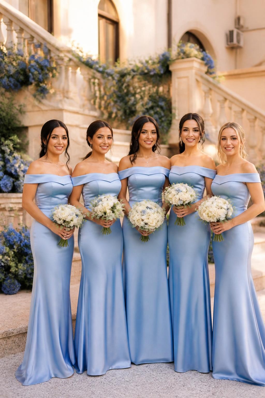 Realistic DSLR photo of a diverse bridal party wearing sky blue off-shoulder satin bridesmaid dresses, folded neckline, fitted bodices, soft flowing skirts, bright beautiful faces, glowy makeup, soft curls and polished updos, standing at a European-style villa with cream walls, stone steps, blue flowers, and warm afternoon sunlight, elegant destination wedding feel, human DSLR photo-realistic style.