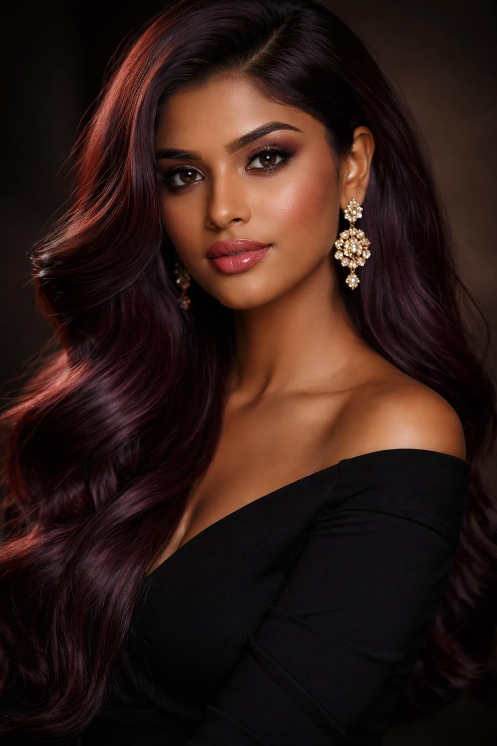 Image Prompt: A gorgeous Indian woman with long deep plum hair, dark purple-red shade with soft shine, side part, loose waves, deep brown skin tone, soft berry makeup, glossy lips, gold earrings, black blouse, clean moody studio background, soft warm lighting, realistic DSLR beauty editorial portrait, detailed plum color depth and shine, no text, (no watermarks on images)