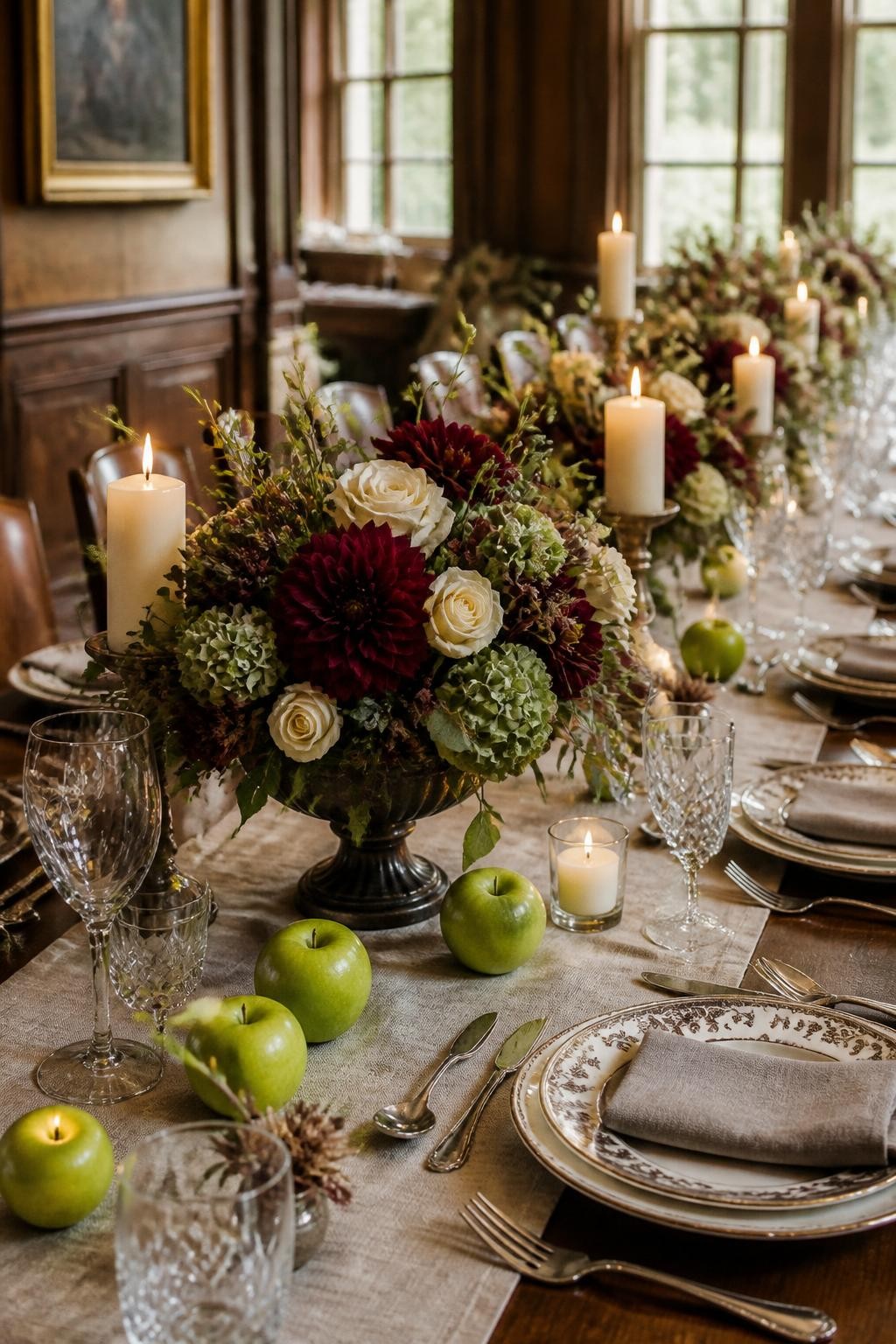 Realistic DSLR wedding tablescape with apple green fruit scattered around burgundy floral compotes, dark red dahlias, cream roses, mushroom gray napkins, toasted cream candles, vintage silverware, patterned plates, countryside manor reception, cozy fall light.
