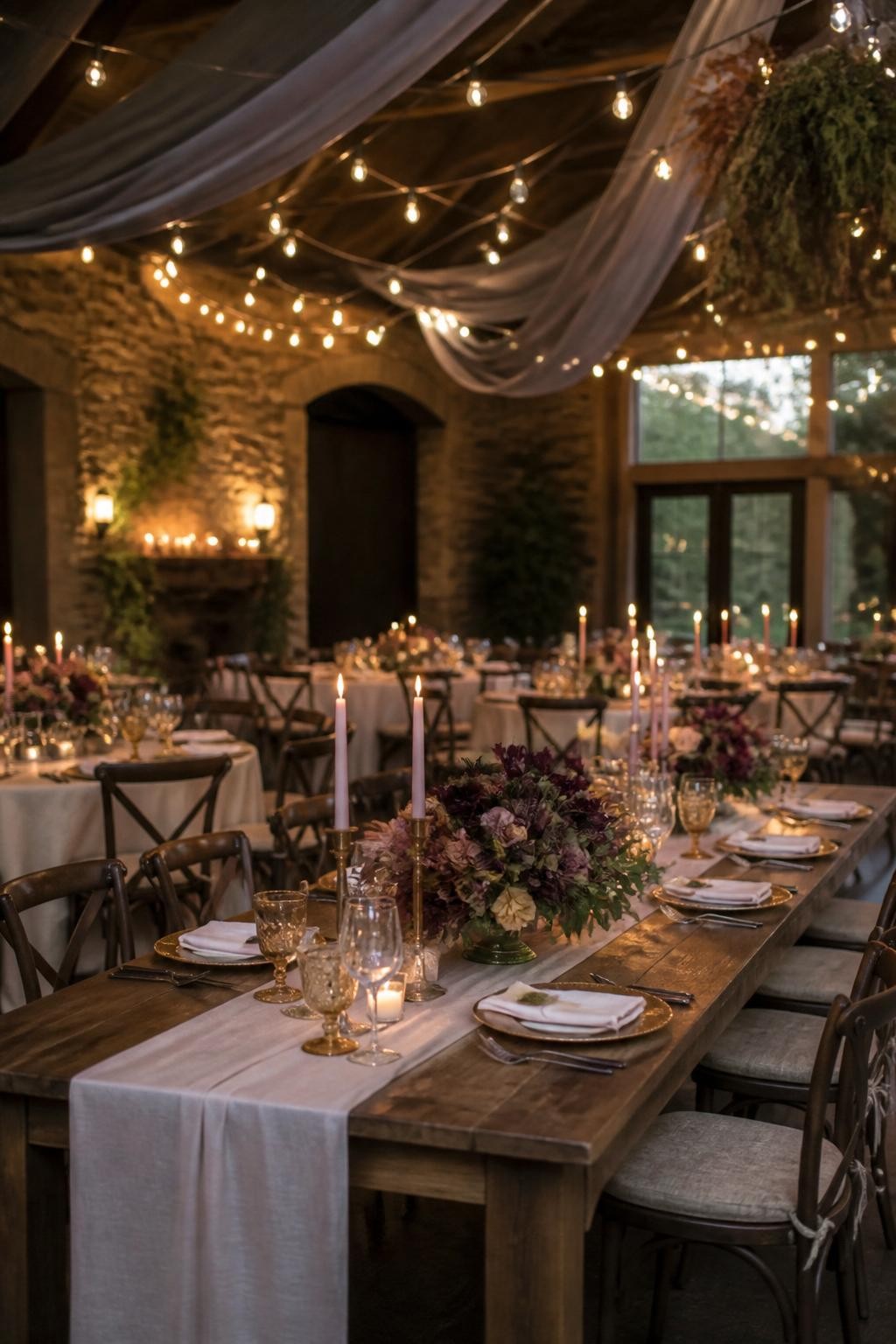 Realistic DSLR wide photo of a fall wedding reception room with lavender gray ceiling draping, long wooden tables, plum floral centerpieces, dusty pink candles, cream linens, amber glassware, warm string lights, stone wall background, soft evening lighting, romantic autumn dinner setup.