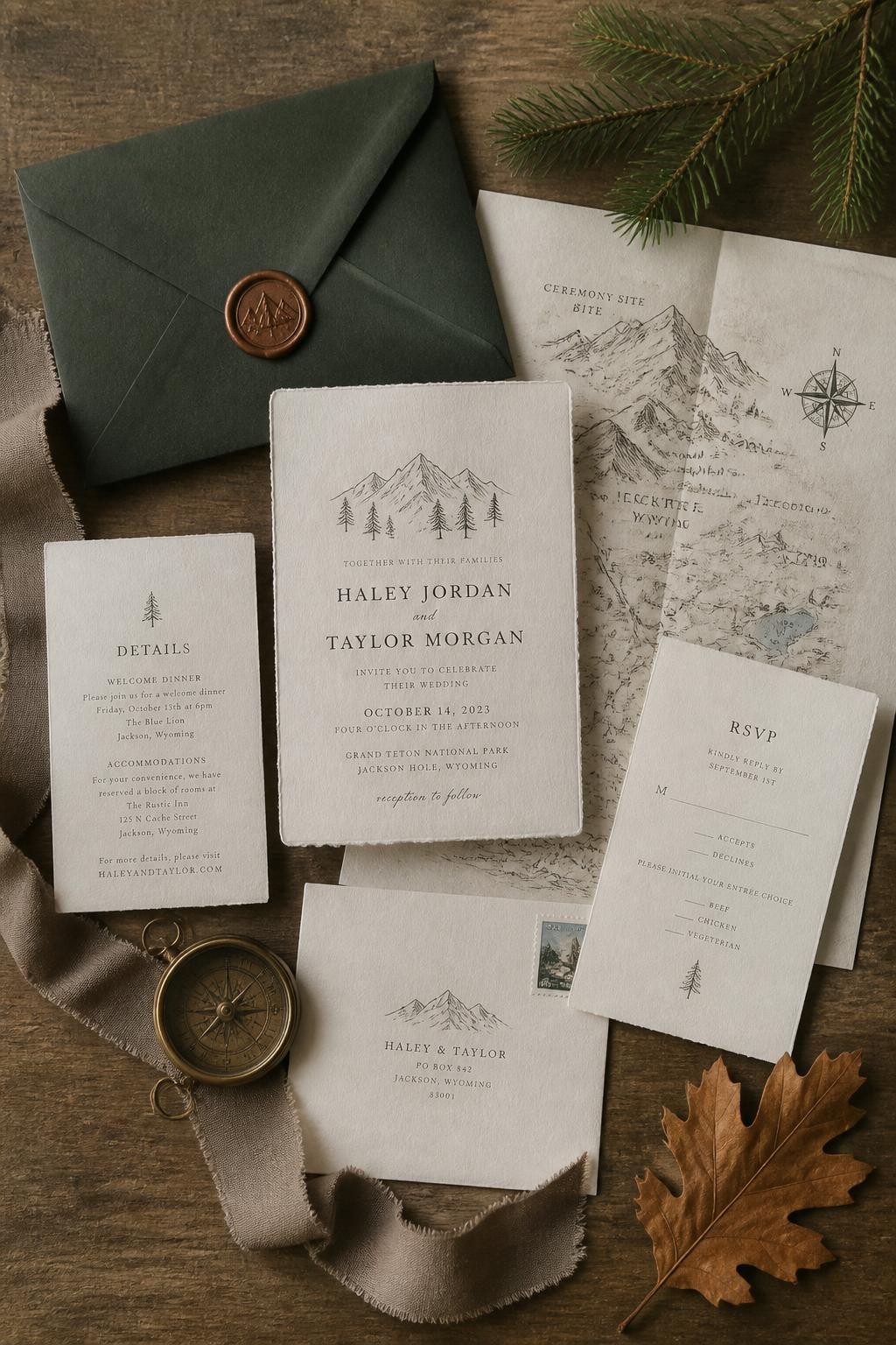 Realistic DSLR flat lay of a fall mountain wedding invitation suite with a hand-drawn mountain map, cream handmade paper, forest green envelope, copper wax seal, pine sprig, dried brown leaf, taupe ribbon, antique compass, soft natural window light, rustic elegant stationery styling.