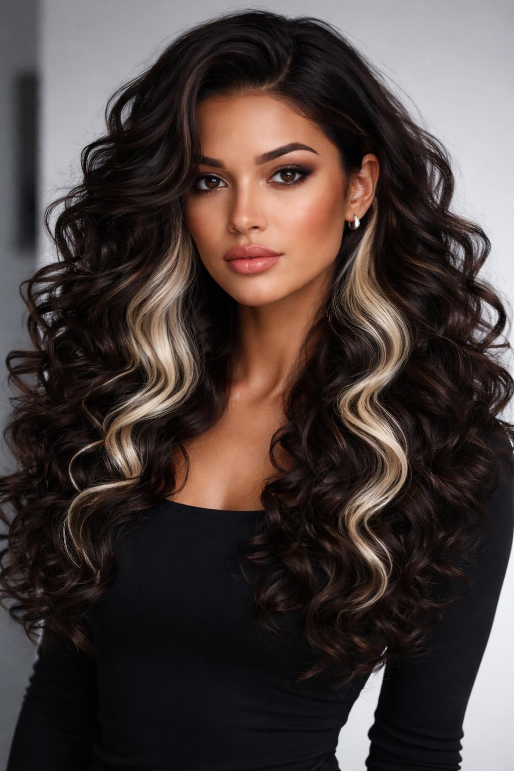 Image Prompt: A stylish woman with long curly hair, dark espresso brown top layer with icy platinum blonde peekaboo sections underneath, defined curls with strong contrast and shine, bright blonde hidden color visible through the sides and lower layers, neutral medium skin tone, soft matte makeup, nude lips, silver earrings, fitted black top, clean modern studio background, cool soft lighting, realistic DSLR beauty editorial portrait, detailed curl texture and bold blonde contrast, no text, (no watermarks on images)