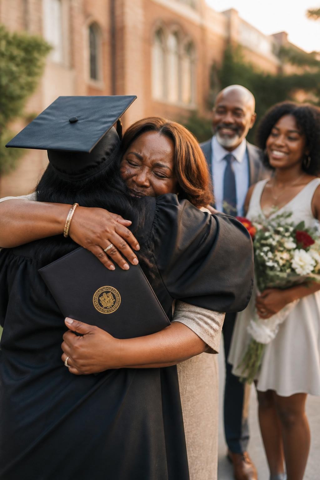 Image prompt: A tender DSLR graduation photo of a graduate hugging a parent after the ceremony, featuring a Black woman graduate with rich dark skin wearing a black gown and cap, face turned away from the camera and partly hidden against her mother’s shoulder, mother’s arms wrapped tightly around her, father and sibling softly blurred behind them holding flowers, diploma folder pressed gently between their bodies, campus building in the background, warm golden-hour light, realistic fabric folds, natural skin texture, emotional family graduation photography, beautiful human moment.