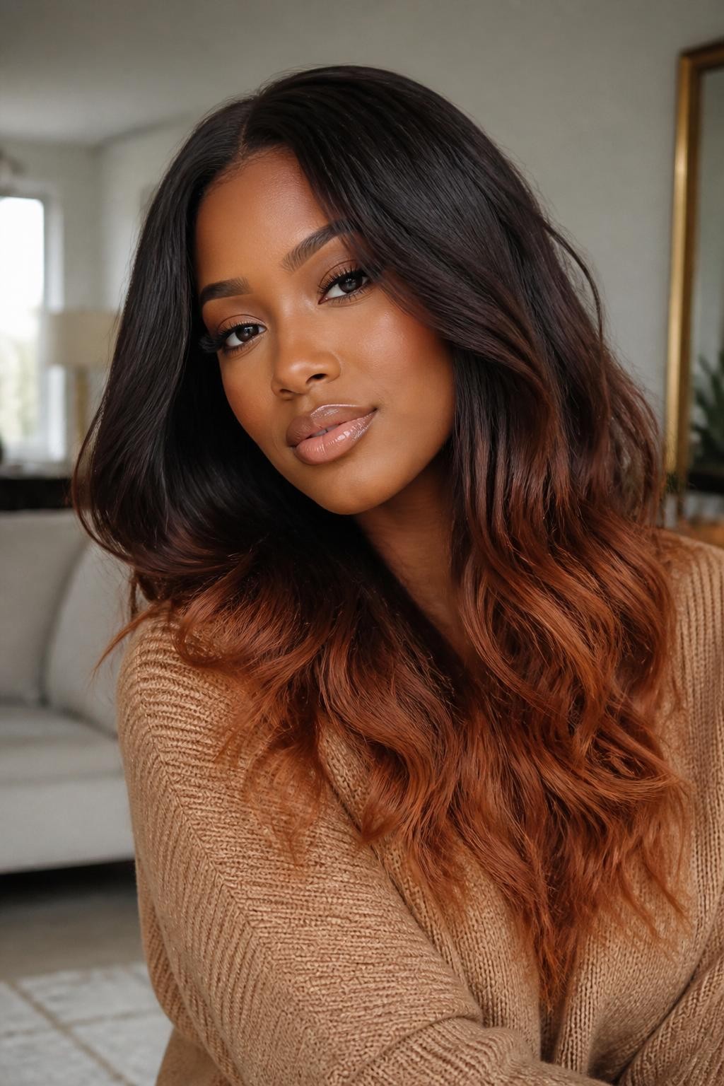 Image Prompt: A beautiful black woman with long dark brown hair fading into soft copper auburn ombré ends, glossy brunette roots and mid-lengths blending into warm copper auburn tips, loose waves, warm brown skin, natural glam makeup, nude gloss, camel sweater, cozy indoor background, soft natural window light, realistic beauty editorial photo, smooth brunette-to-copper auburn color transition, no text, (no watermarks on images)