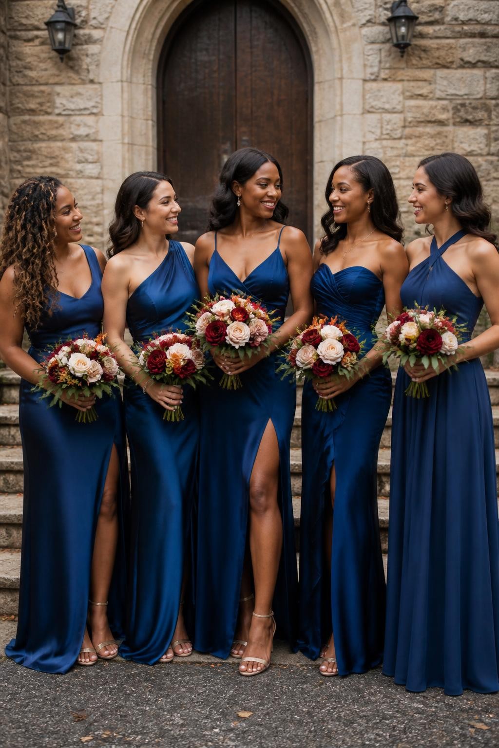 Realistic DSLR photo of five bridesmaids wearing sapphire blue satin and chiffon dresses in mixed necklines, full outfits visible, beautiful smiling faces, diverse bridal party with Black women and women with neutral skin tones, holding ruby red and cream bouquets, old stone venue, cloudy fall daylight, elegant autumn bridal party fashion.
