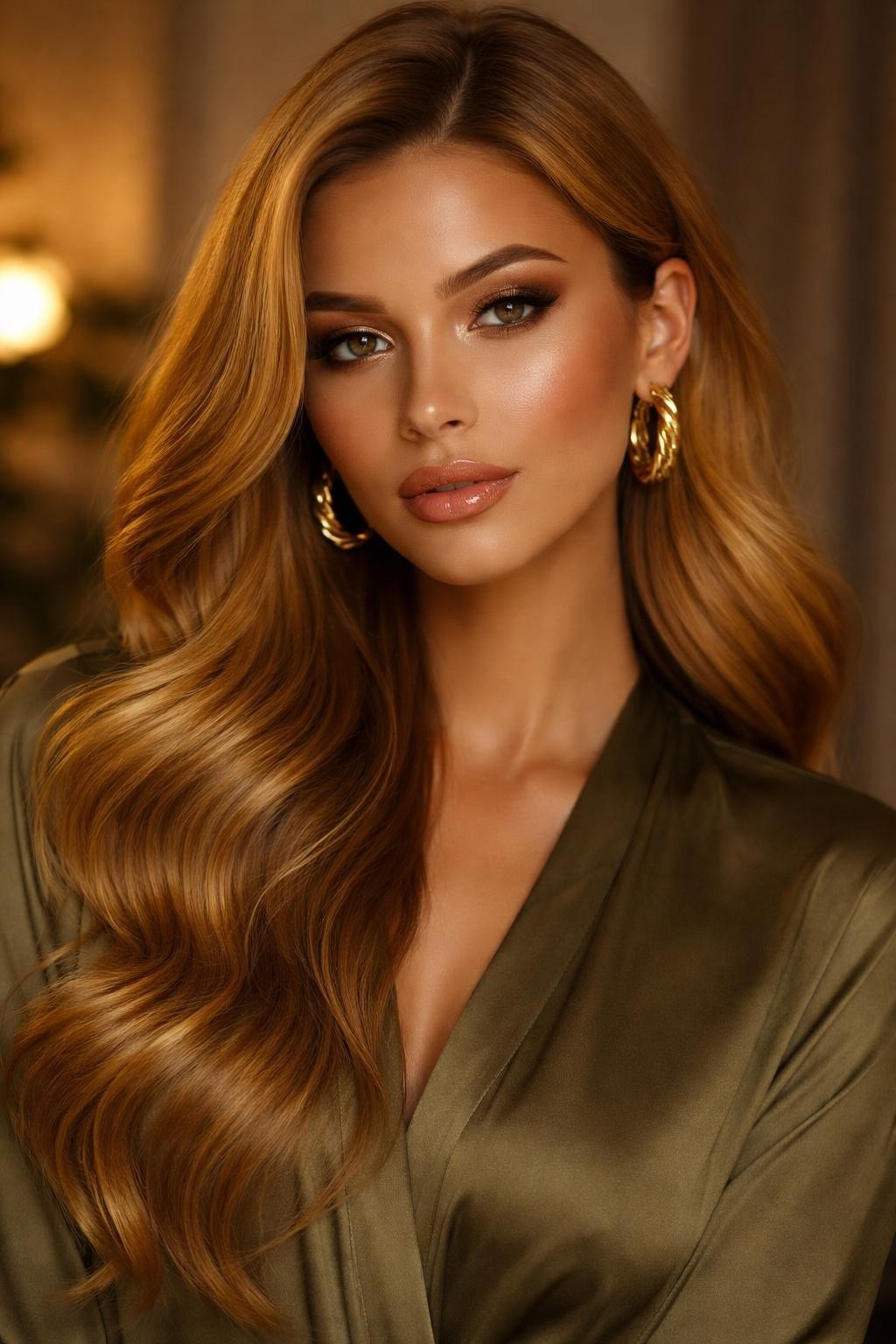 Image Prompt: A stylish woman with long mustard yellow hair, deep golden mustard shade with warm earthy undertones, loose polished waves, soft bronzed makeup, glossy nude lips, gold earrings, olive blouse, warm indoor studio setting, soft diffused lighting, realistic DSLR beauty portrait, detailed mustard yellow shine and wave movement, no text, (no watermarks on images)