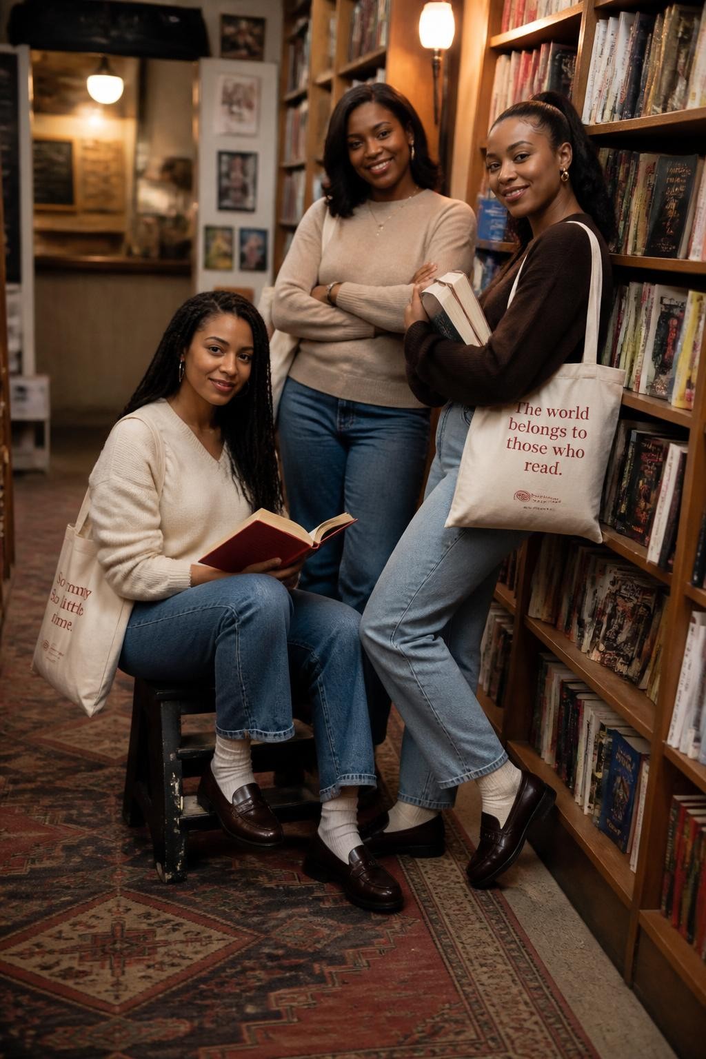Image prompt: A cozy DSLR photo of three adult Black women friends inside a stylish bookstore, wearing casual trip outfits with sweaters, jeans, loafers, and tote bags, standing between tall shelves while posing like a playful album cover, one seated on a low step stool holding an open book, one standing behind with arms folded and a smile, one leaning against the shelf holding a stack of books, warm reading lamps, wooden shelves, paper textures, small cafe counter blurred in the back, realistic fabric folds, creative friendship outing photography.