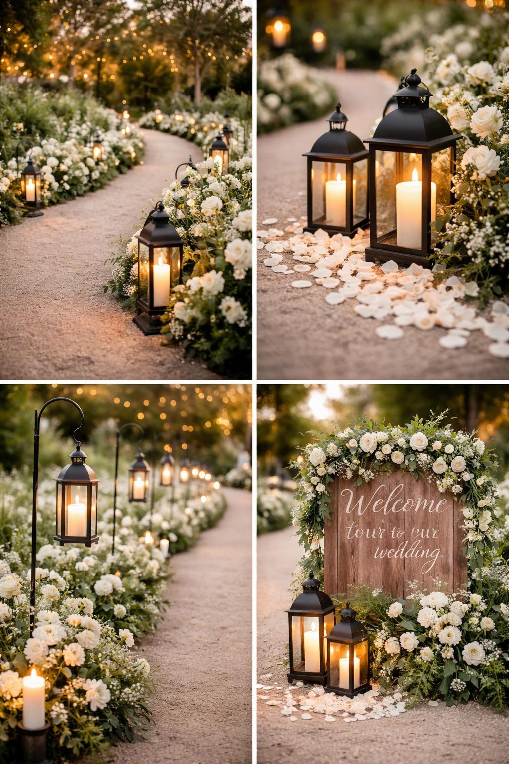 A professional 4-grid wedding decor collage showing a lantern garden wedding entrance walkway, top-left image featuring a curved garden path lined with black metal lanterns, white flowers, and greenery, top-right image showing close-up lanterns with candles beside rose petals, bottom-left image showing lanterns hanging from shepherd hooks along the walkway, bottom-right image showing a floral welcome sign with matching lanterns at the base, outdoor garden wedding decor, soft golden hour lighting, no faces, no watermarks on images.