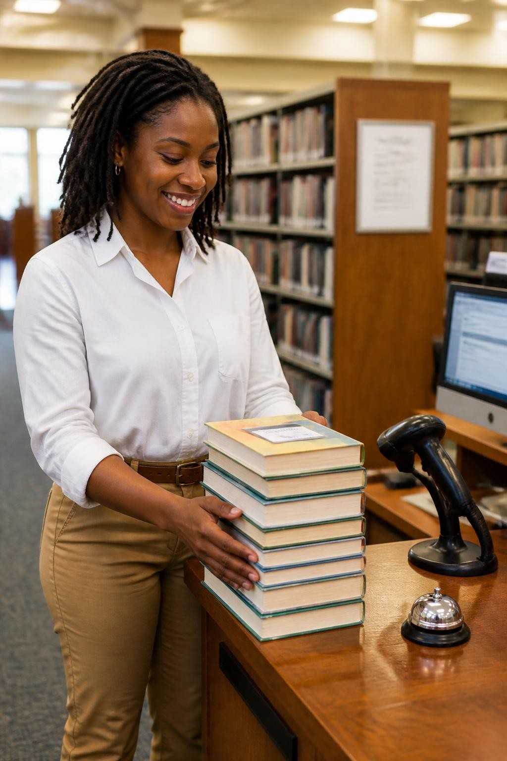Image prompt: A realistic DSLR library photo of an adult Black woman with rich brown skin standing at a library checkout counter, wearing a white button-down shirt, tan trousers, and a slim brown belt, placing a tall stack of books on the counter with both hands while smiling down at the pile, library card resting on top of one book, barcode scanner and small desk bell nearby, librarian area softly blurred, warm indoor light, polished wooden counter, realistic book cover wear, natural skin texture, cute library visit mood, clean lifestyle photography.