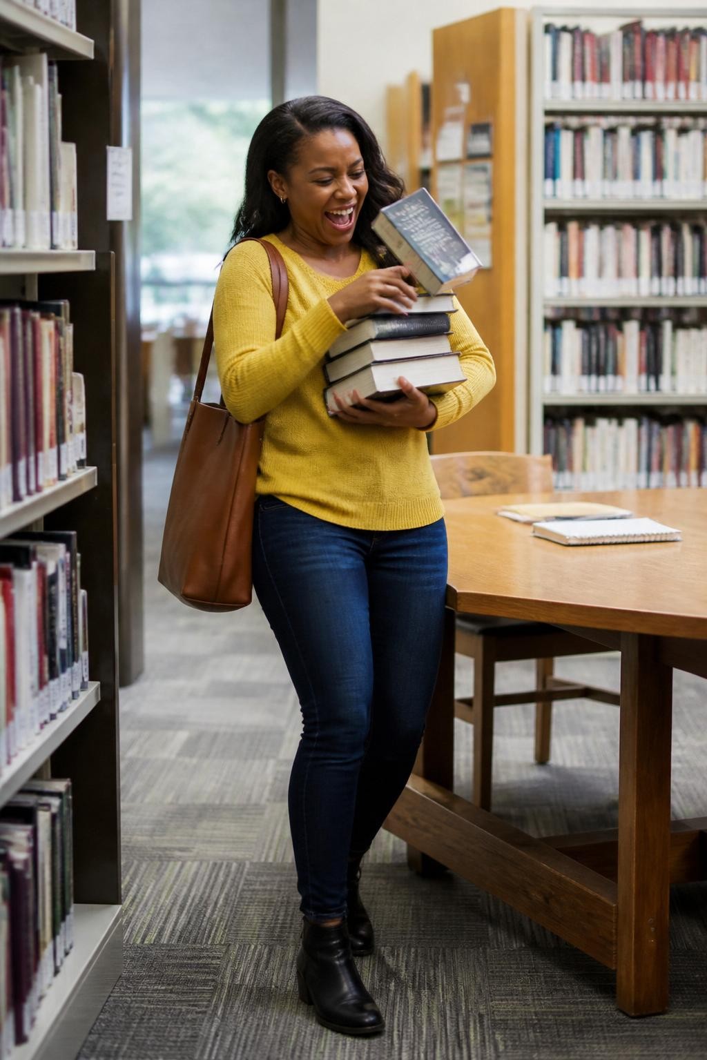 Image prompt: A playful DSLR library photo of an adult Black woman with deep brown skin standing near a study table, wearing a mustard yellow sweater, dark jeans, and ankle boots, laughing as one book slips slightly from the top of a stack she is carrying, one hand reaching to steady the stack, the other arm holding the books close to her chest, tote bag on her shoulder, wooden table with notebooks behind her, tall shelves, soft indoor light, realistic book movement, natural skin texture, candid cute library moment, human photo realism.