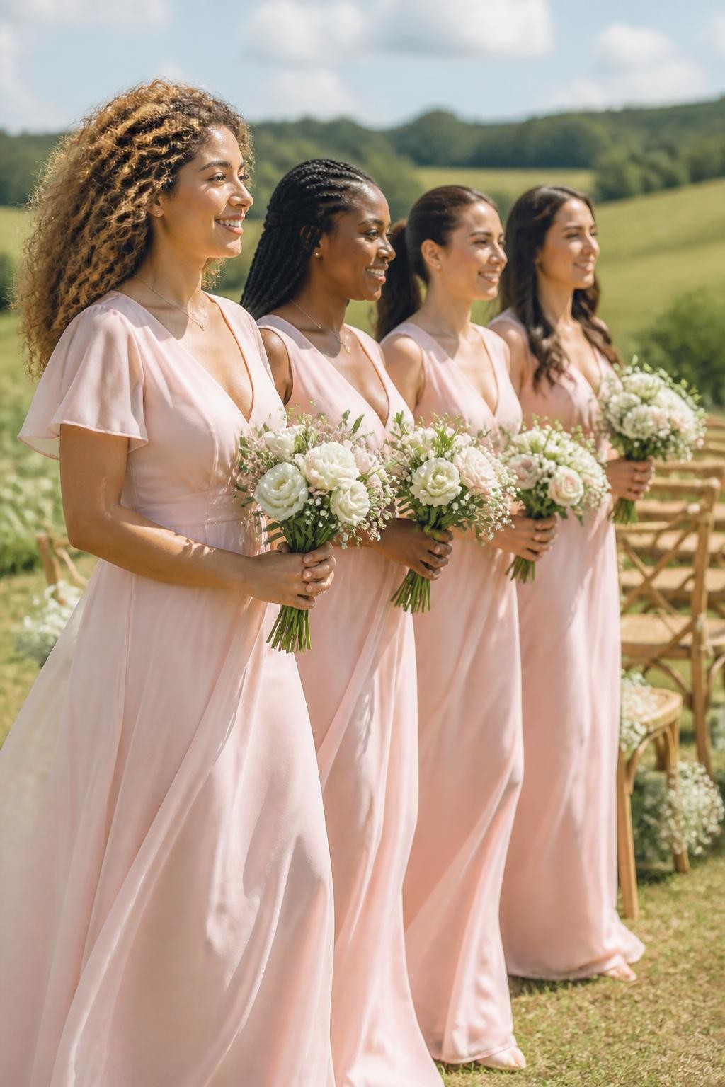Realistic DSLR photo of diverse bridesmaids wearing powder light pink flutter sleeve dresses, soft V-necklines, floaty chiffon skirts, smiling faces, natural curls, braids, sleek ponytails, and loose waves, standing in a countryside wedding field with wildflowers, wooden chairs, cream aisle flowers, and soft blue sky, gentle wind moving the sleeves and fabric, warm natural light, romantic outdoor wedding photography.
