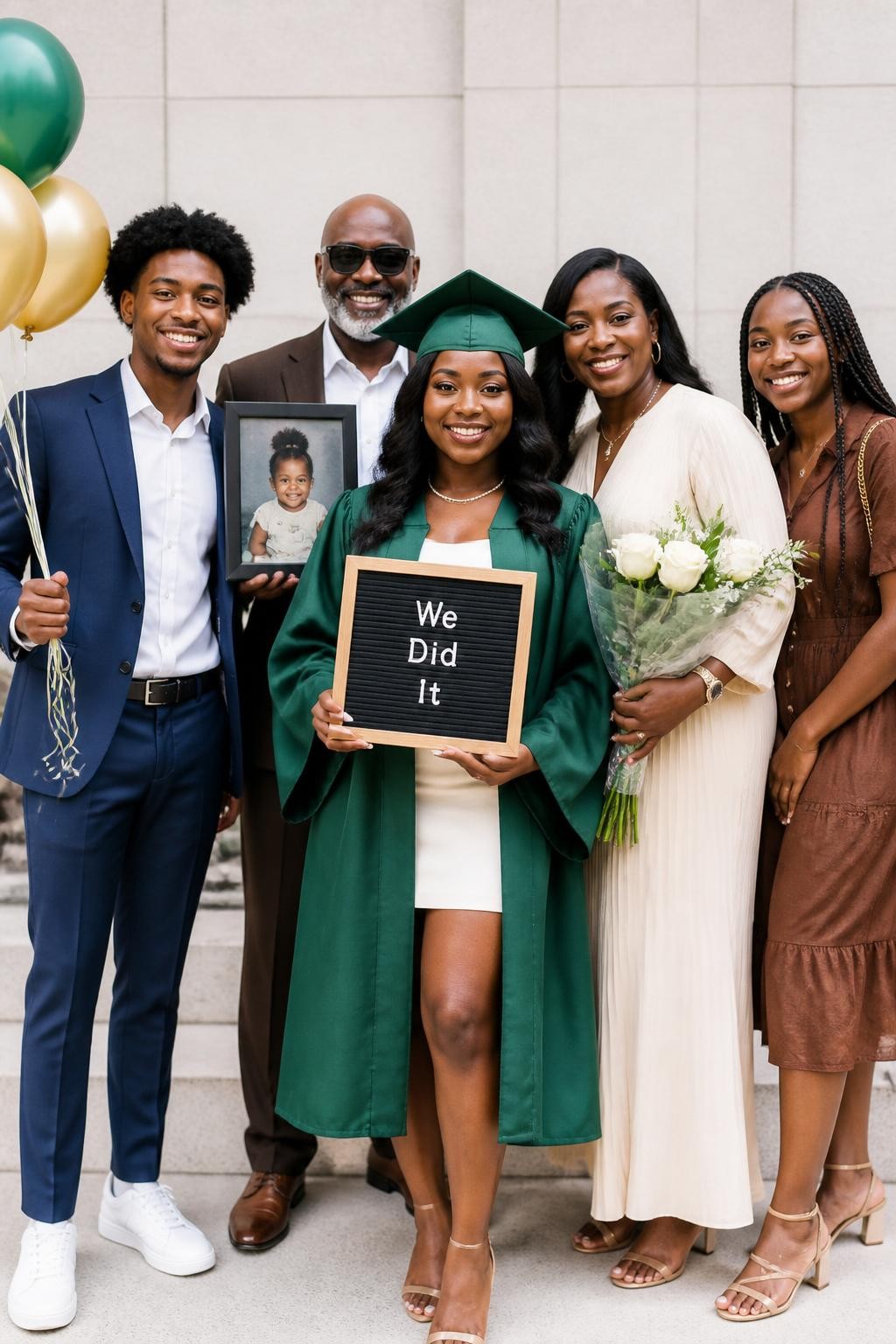 Image prompt: A bright DSLR graduation photo of a Black graduate with warm dark skin standing with family in front of a clean campus wall, graduate wearing a green graduation gown and cap, holding a small letterboard that says “We Did It” while parents and siblings stand close behind with proud smiles, mother holding flowers, father holding a framed childhood photo, sibling holding balloons, polished family outfits in cream, brown, and navy, soft daylight, realistic letterboard texture, natural skin detail, cheerful modern graduation family portrait.