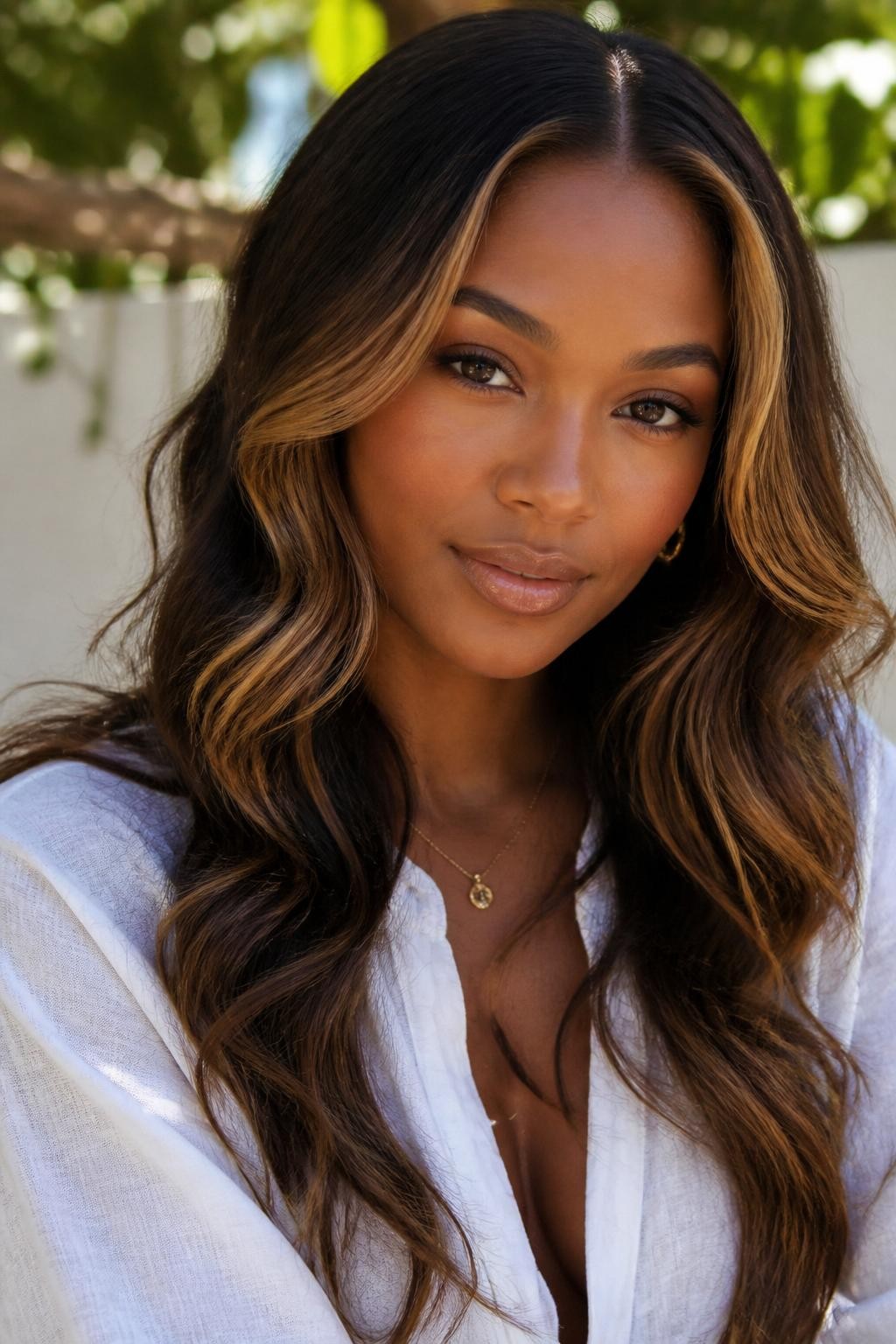 Image Prompt: A gorgeous black woman with brown eyes and dark brown hair with honey blonde highlights, soft golden pieces placed around the face and through the lower layers, loose beachy waves, glowing warm makeup, glossy nude lips, small gold jewelry, white linen blouse, bright outdoor daylight, softly blurred greenery in the background, realistic DSLR beauty editorial portrait, detailed honey highlight contrast and shine, no text, (no watermarks on images)