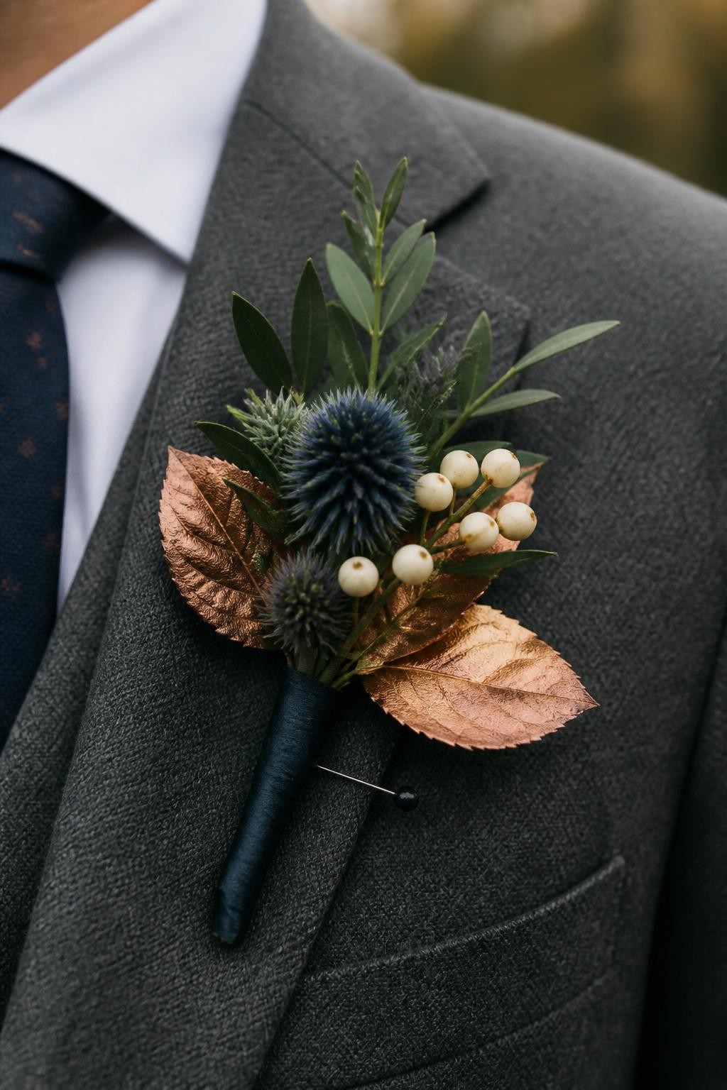 Realistic DSLR close-up of a fall wedding boutonniere with blue thistle, copper-painted leaves, cream berries, dark green foliage, navy ribbon wrap, pinned to a gray wool suit, cloudy outdoor fall wedding background, crisp elegant styling.