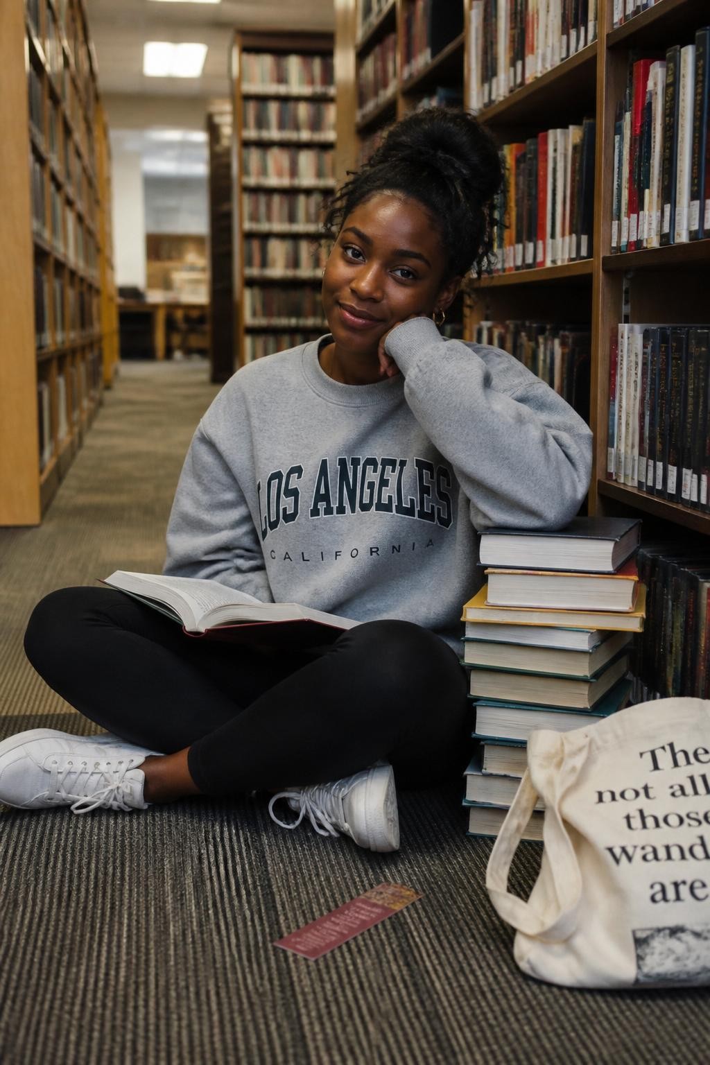 Image prompt: A cozy DSLR library photo of an adult Black woman with warm dark skin sitting on the clean carpeted floor at the end of a quiet bookshelf row, wearing an oversized gray sweatshirt, black leggings, white sneakers, and small hoop earrings, sitting cross-legged with an open book resting on her knees, a stack of books beside her, one elbow resting on the stack while her chin rests lightly on her hand, tote bag and bookmark nearby, soft overhead library light, realistic carpet texture, slightly uneven book stack, natural skin texture, cute casual study mood, human lifestyle photography.