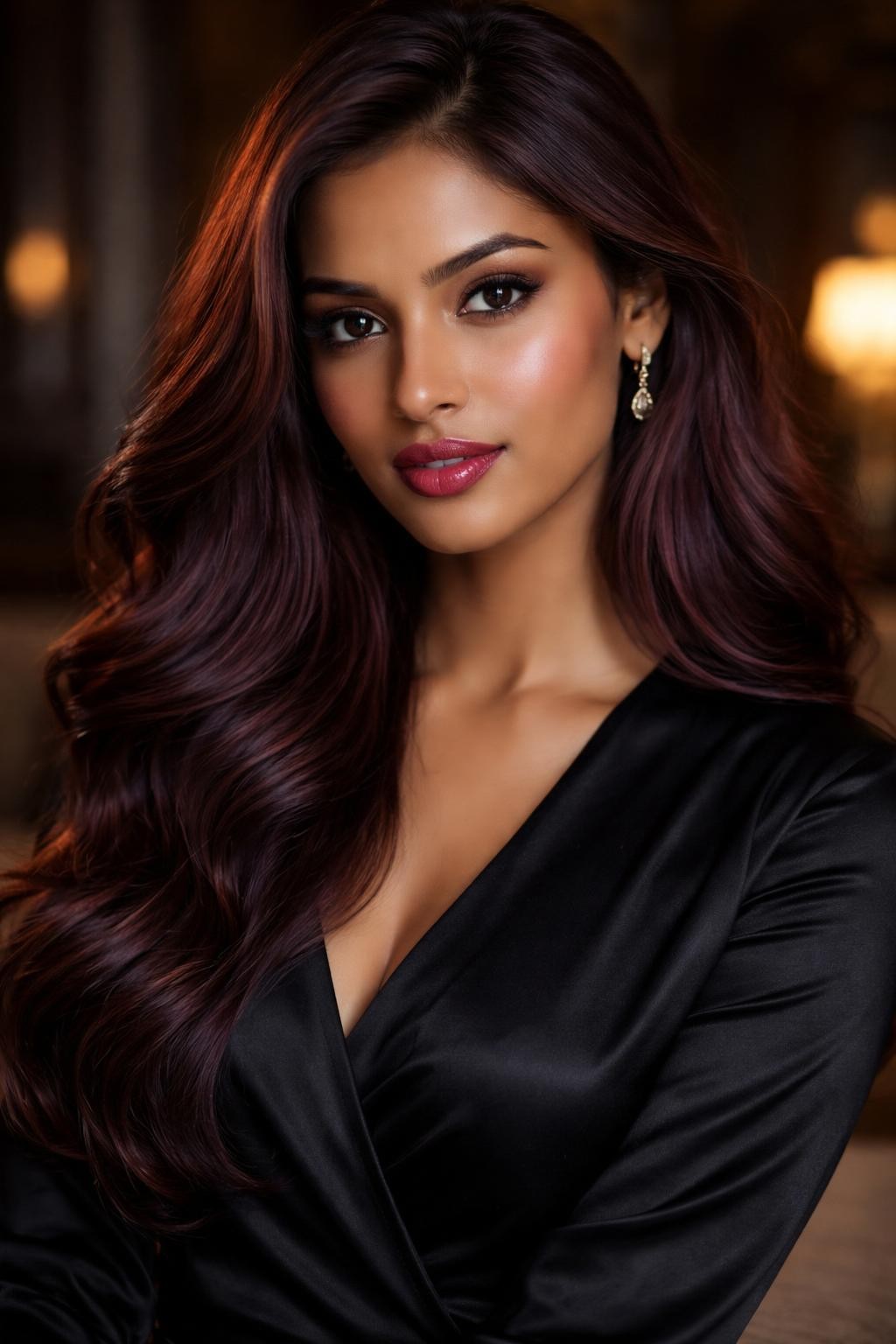 Image Prompt: A beautiful Indian woman with long burgundy brown hair, deep brown base with rich burgundy-red undertones, soft waves, medium-deep skin tone, berry-toned lip gloss, subtle warm eye makeup, black satin blouse, moody indoor beauty setting, soft warm lighting, realistic DSLR editorial portrait, detailed red-brown shine, no text, (no watermarks on images)