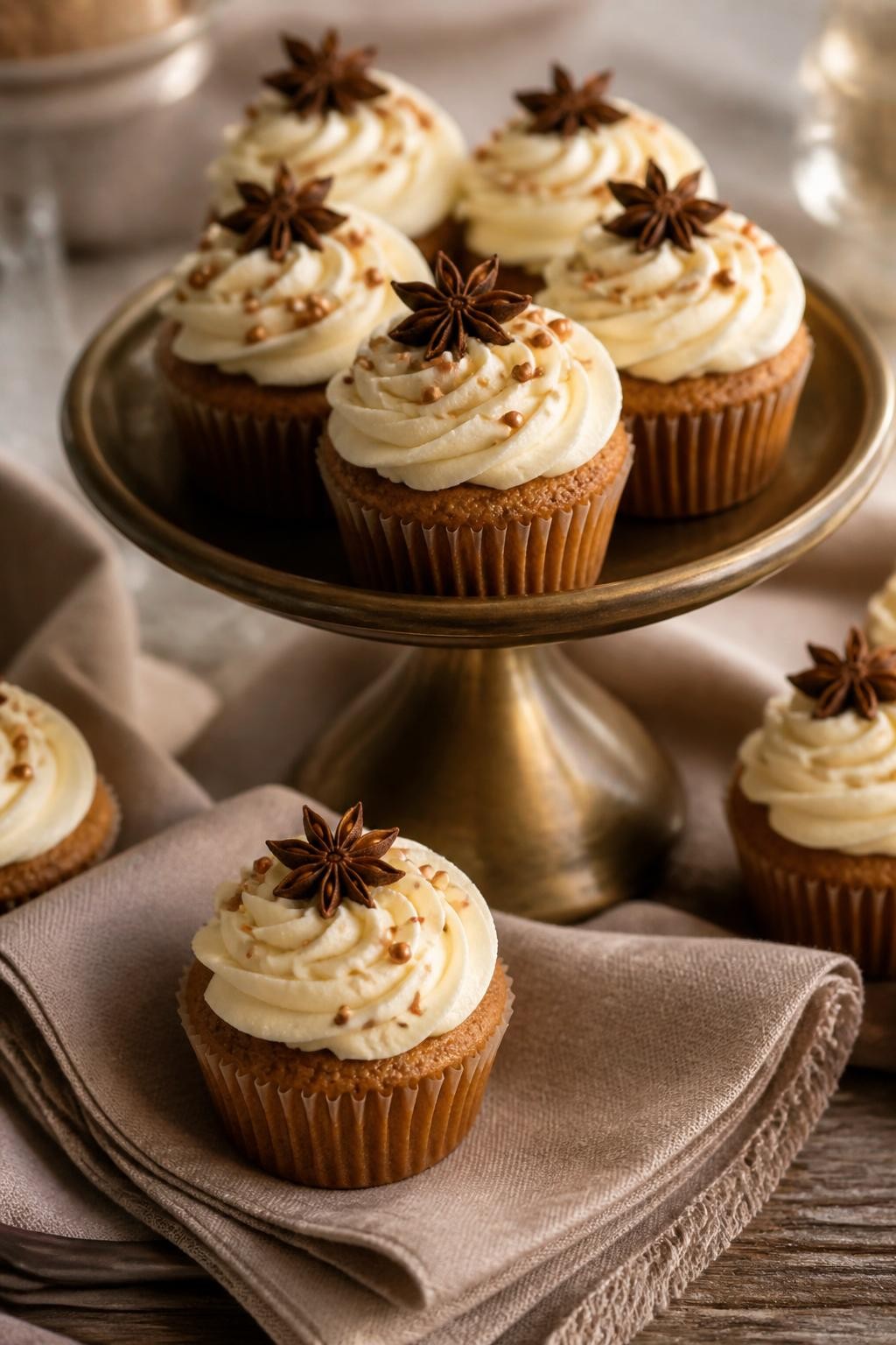 Realistic DSLR close-up of chai spice wedding cupcakes with smooth ivory frosting, tiny cinnamon sugar pearls, star anise garnish, soft brown cupcake wrappers, taupe linen napkins, brass cake stand, warm window light, elegant fall dessert styling.
