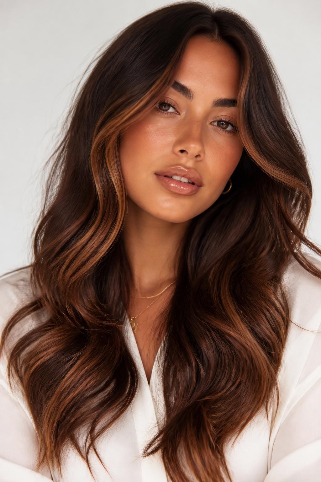 Image Prompt: A beautiful woman with dark brown hair and copper auburn highlights, rich brunette base with warm copper auburn pieces placed around the face and through the lower layers, loose waves with shine, warm tan skin tone, soft bronzed makeup, glossy lips, small gold jewelry, white blouse, clean bright studio background, soft flattering lighting, realistic DSLR beauty portrait, detailed copper auburn highlight contrast and shine, no text, (no watermarks on images)