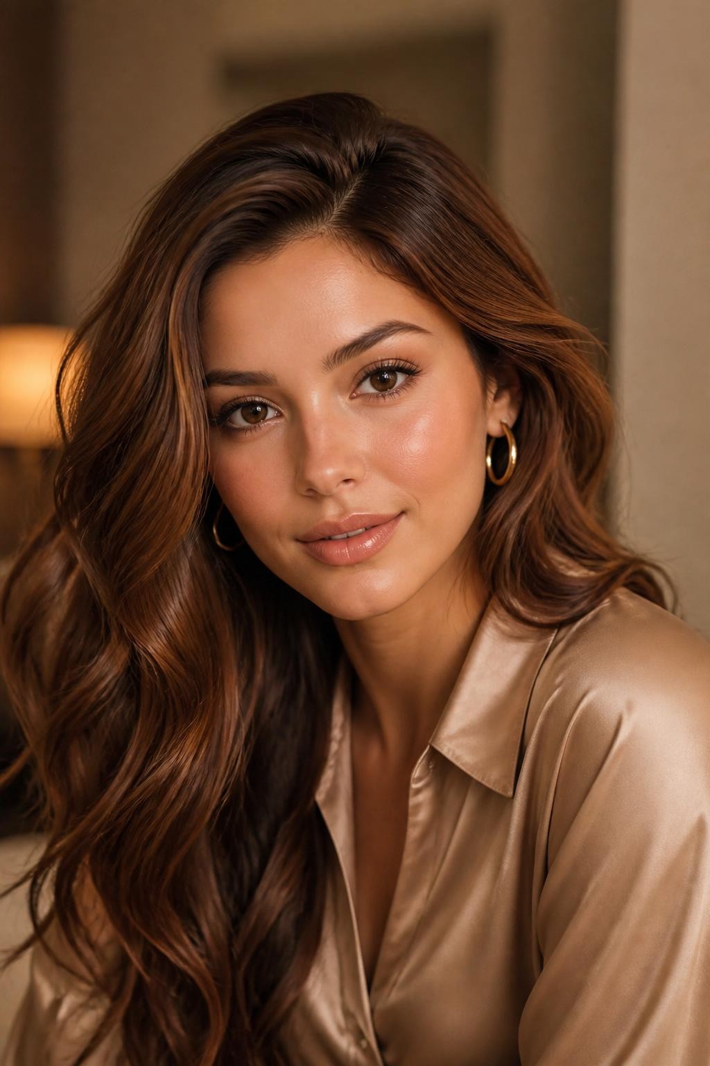 Image Prompt: A beautiful woman with brown eyes and long cinnamon brown hair, warm brown shade with soft copper-red undertones, glossy loose waves, peach-toned makeup, glossy nude lips, gold hoop earrings, tan satin blouse, warm indoor studio setting, soft diffused lighting, realistic DSLR editorial portrait, detailed cinnamon brunette shine and movement, no text, (no watermarks on images)
