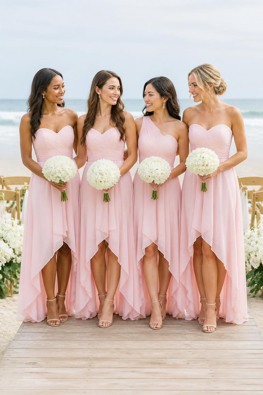 Realistic DSLR photo of bridesmaids with diverse skin tones wearing petal light pink high-low dresses, fitted bodices, soft flowing skirts shorter in front and longer at the back, bright happy faces, stylish heels visible, standing on a beach wedding boardwalk with pale sand, white flowers, light wood chairs, ocean waves behind them, airy summer wedding mood, natural light, clear DSLR detail.