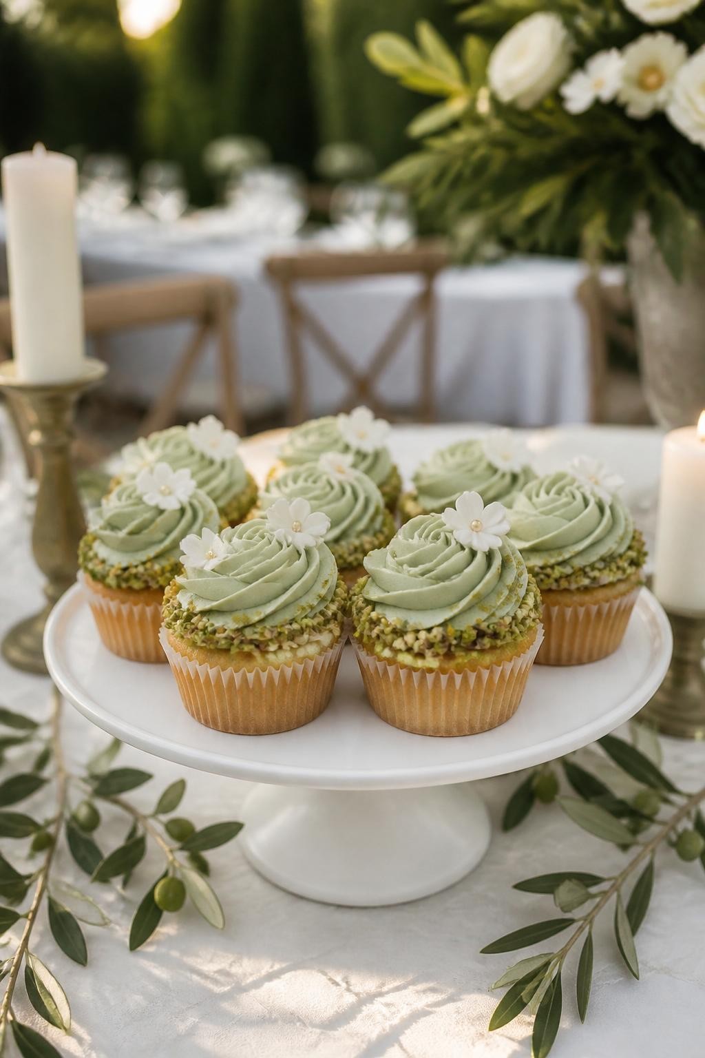 Realistic DSLR photo of pistachio sage fall wedding cupcakes with pale green frosting, tiny cream sugar flowers, crushed pistachio edge, matte white cake stand, olive branches, ivory candles, elegant garden reception table, soft daylight.