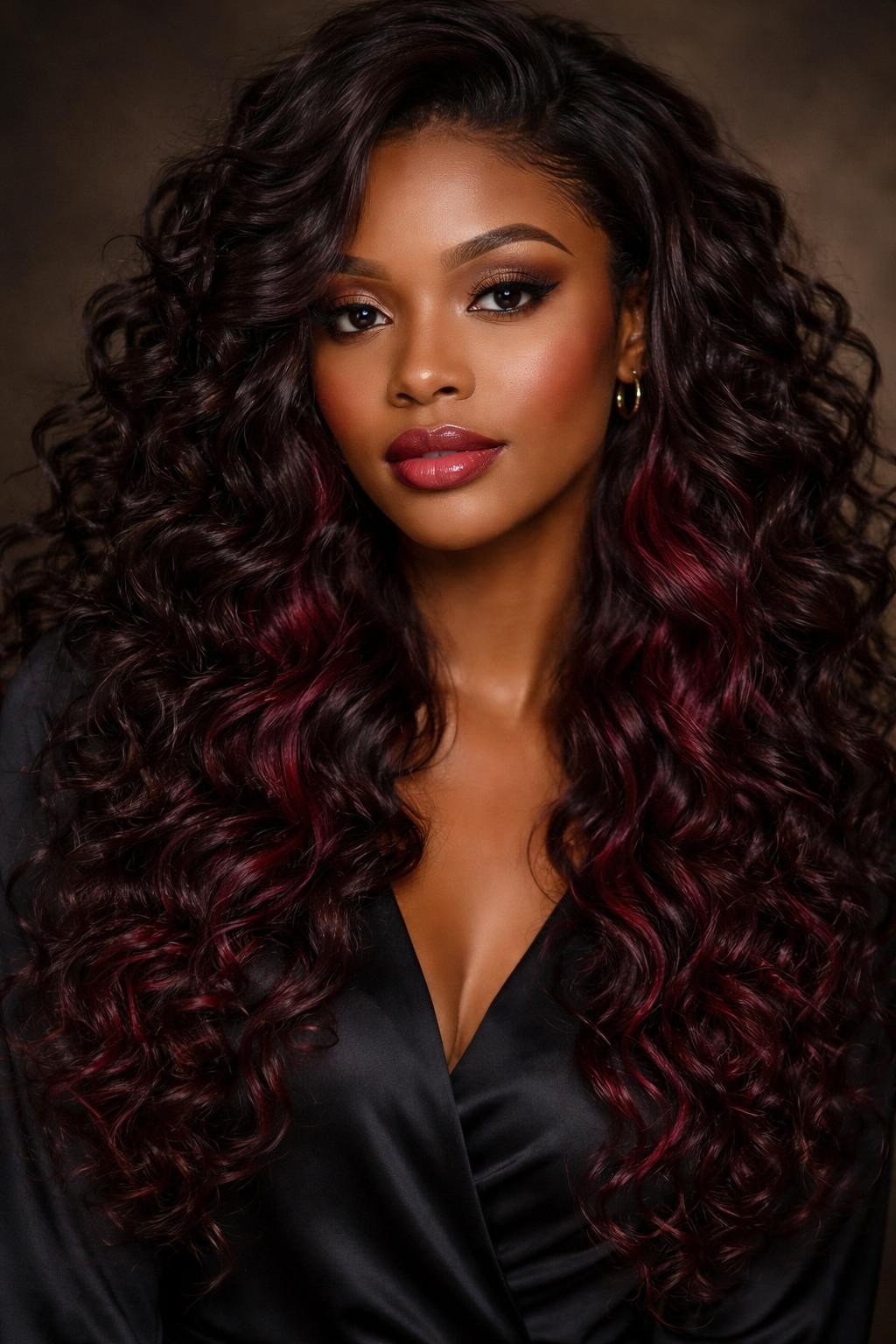 Image Prompt: A gorgeous woman with long curly hair, black-brown top layer with deep burgundy peekaboo color underneath, soft defined ringlets with shine and movement, wine-red hidden sections showing through the lower layers, deep brown skin, berry-toned lip gloss, soft glam makeup, black satin blouse, moody studio background, soft warm lighting, realistic DSLR beauty portrait, detailed curl pattern and deep burgundy contrast, no text, (no watermarks on images)