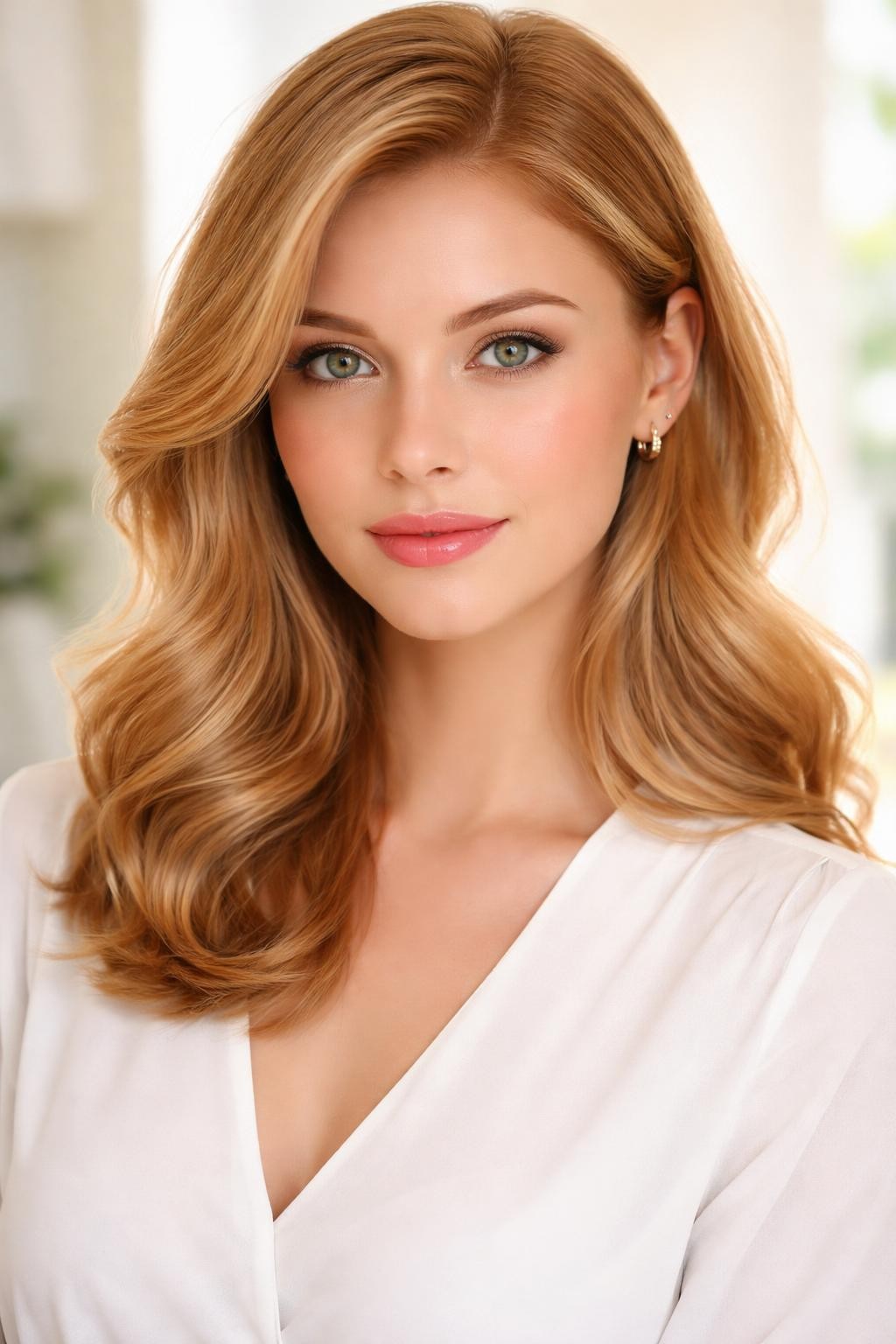 Image Prompt: A gorgeous woman with green eyes and shoulder-length strawberry blonde hair, soft peachy blonde shade with light copper tones, smooth blowout waves, fair skin tone, rosy natural makeup, glossy pink lips, small gold earrings, white blouse, bright indoor background with soft daylight, realistic DSLR beauty editorial portrait, detailed strawberry blonde shine and soft warm color, no text, (no watermarks on images)