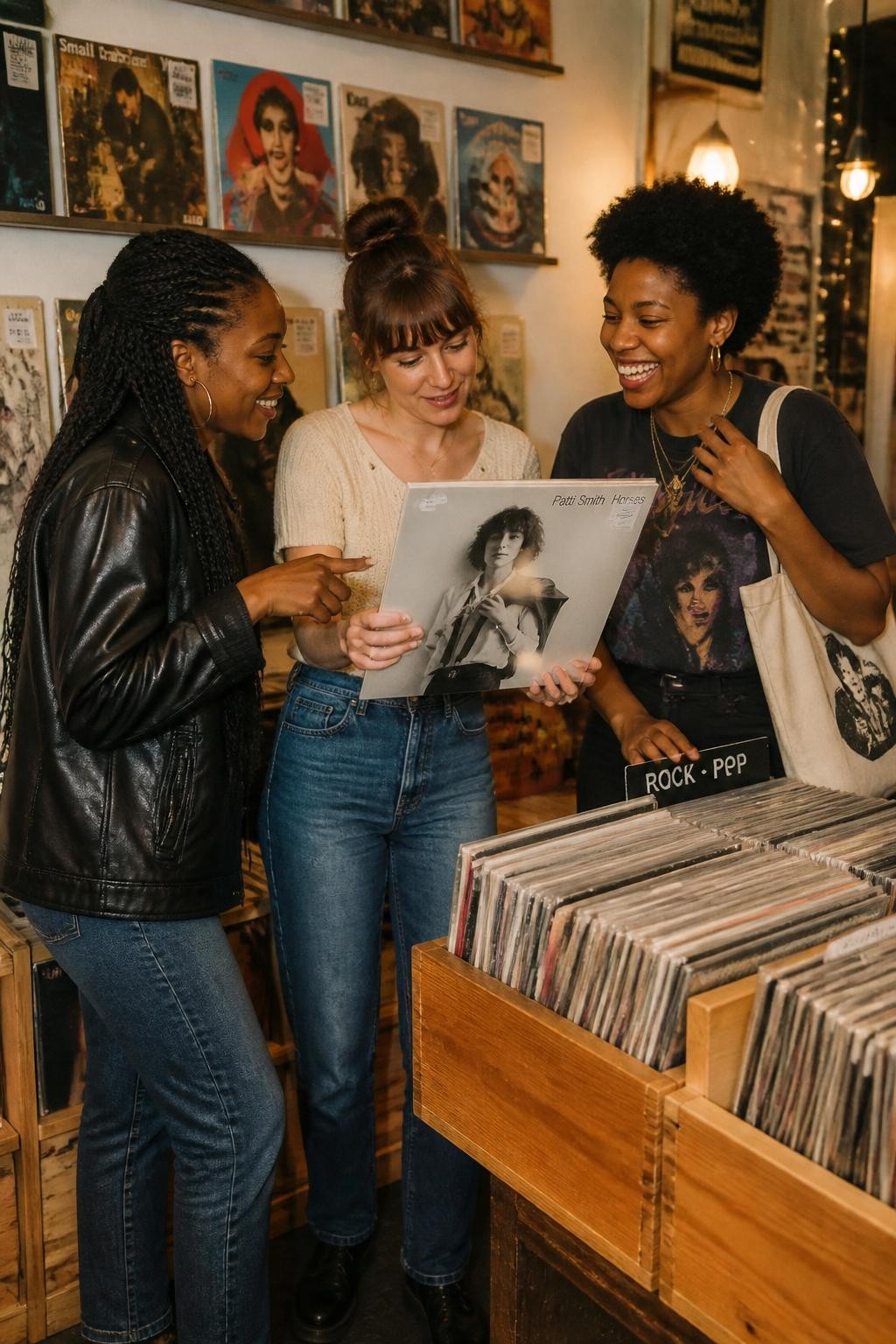 Image prompt: A cool DSLR photo of three adult friends inside a small record store, including two Black women with deep and warm brown skin tones and one woman with fair skin, standing around a wooden record bin, one holding up an album cover to show the others, one pointing at the cover, one laughing while holding a tote bag, casual outfits with leather jacket, knit top, jeans, and boots, colorful records, wall posters, price stickers, warm shop lights, realistic paper edges, slight dust on record sleeves, stylish music-date friendship photography.