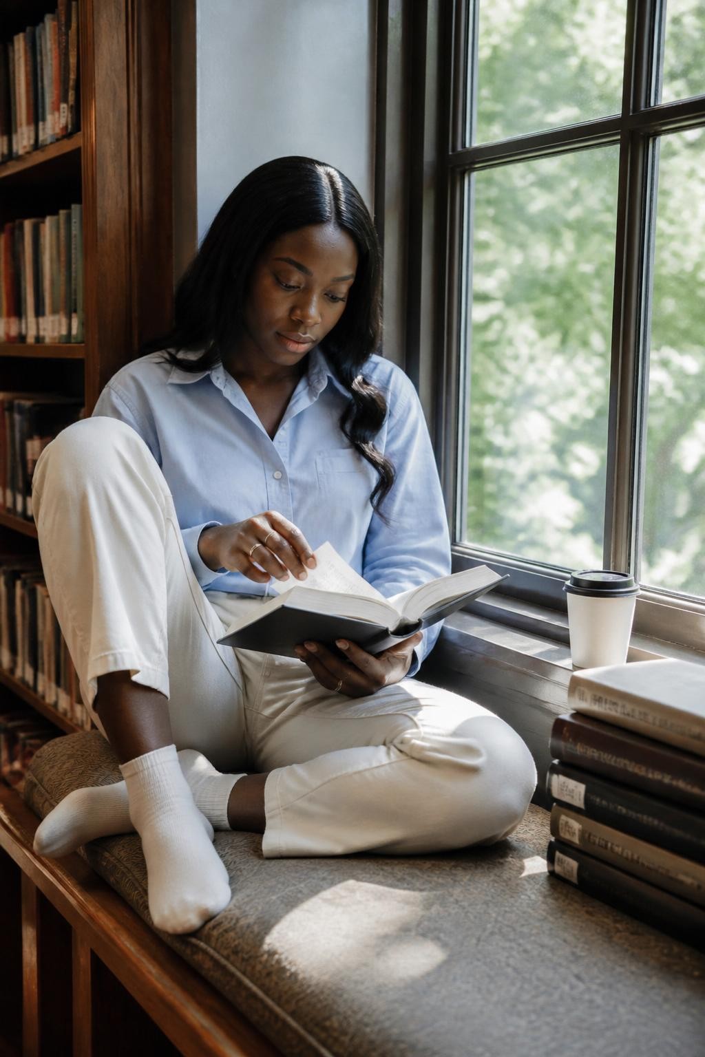 Image prompt: A soft DSLR photo of an adult Black woman with rich dark skin sitting on a library window seat, wearing a light blue button-down shirt, cream trousers, white socks, and simple rings, one knee bent under her while the other leg rests along the cushion, turning a page in an open hardcover book on her lap, eyes looking down at the page, sunlight falling across her hands and cheek, tall window with trees outside, stacked books beside her, small coffee cup with a lid on the windowsill, realistic cushion folds, natural skin texture, quiet cute reading mood, polished but relaxed library photography.