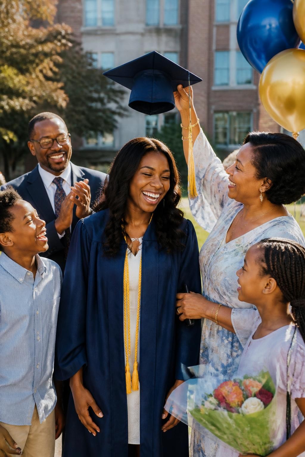 Image prompt: A joyful DSLR graduation photo of a graduate laughing while a parent playfully lifts the graduation cap above their head, featuring a Black graduate with deep brown skin wearing a navy gown and gold tassel, mother standing beside them holding the cap slightly above, father clapping in the background, siblings laughing nearby with flowers and balloons, campus courtyard, soft sunlight, realistic gown folds, natural skin texture, playful family graduation celebration, candid professional photography.