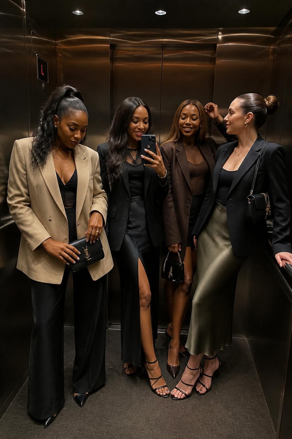 Image prompt: A modern flash photo of four adult women friends inside a sleek hotel elevator, including three Black women with deep and warm brown skin tones and one woman with fair skin, all wearing stylish night-out outfits with blazers, slip skirts, trousers, heels, and small handbags, standing close but at different angles, one holding the elevator rail, one looking down while adjusting her clutch, one smiling at the phone, one lifting her hand near her hair, brushed metal walls, warm elevator ceiling lights, soft flash reflection, realistic fabric folds, natural skin texture, polished city-night friendship photo.