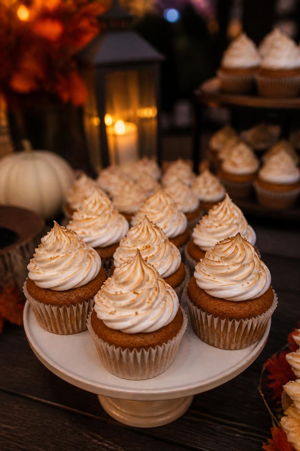 Realistic DSLR photo of fall wedding cupcakes with sweet potato spice cake, toasted marshmallow frosting peaks, tiny gold sprinkles, cream wrappers, dark wood dessert table, warm lantern light, cozy autumn reception setting.
