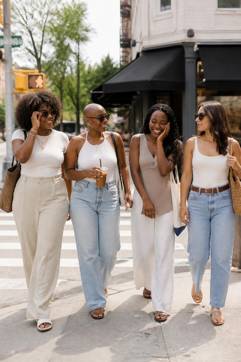 Image prompt: A realistic DSLR street-style photo of four adult women friends walking together on a sunny city sidewalk, including three Black women with deep, rich, and warm brown skin tones and one woman with medium skin tone, all wearing stylish casual outfits in denim, linen, and soft neutral colors, walking close with their shoulders slightly stacked at different levels, one friend laughing with her hand near her cheek, one holding an iced coffee, one adjusting sunglasses, one looking toward the others, crosswalk lines behind them, small cafe storefront, tote bags, natural hair textures, realistic fabric movement, soft afternoon light, candid modern friendship photography, human lifestyle feel.