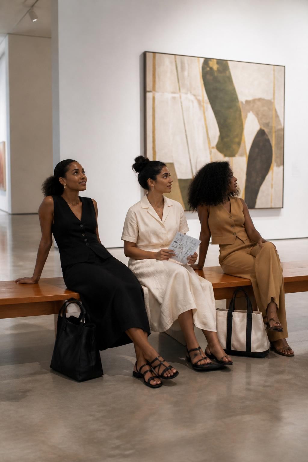 Image prompt: A refined DSLR photo of three adult women friends sitting on a long wooden bench inside a modern museum, including two Black women with deep and warm brown skin tones and one woman with olive skin, wearing clean stylish outfits in black, ivory, and camel, seated at slightly different angles, one leaning back on her hands, one holding a folded museum map, one turning toward a large abstract painting, tote bags near their feet, white gallery walls, polished concrete floor, soft museum lights, realistic clothing texture, calm creative trip mood, editorial friendship photography.