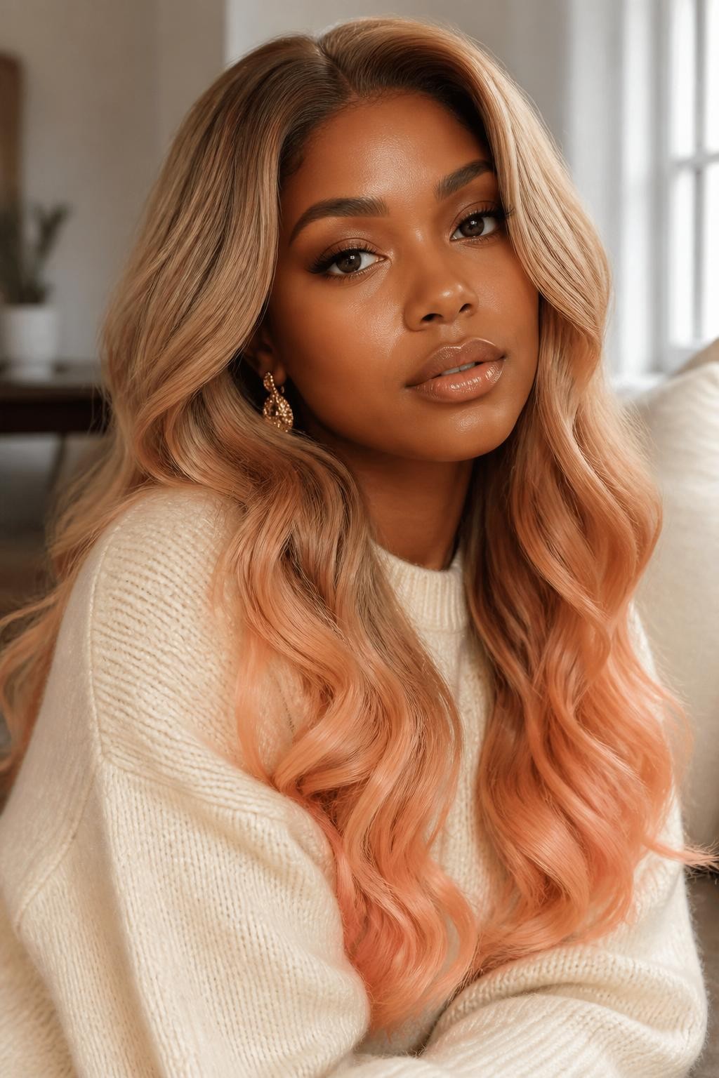 Image Prompt: A beautiful black woman with long dark blonde hair fading into peach ombré ends, darker blonde roots and mid-lengths blending into soft peach tips, loose glossy waves, natural glam makeup, nude gloss, gold earrings, cream sweater, cozy indoor background, soft natural window light, realistic beauty editorial photo, smooth blonde-to-peach color transition, no text, (no watermarks on images)
