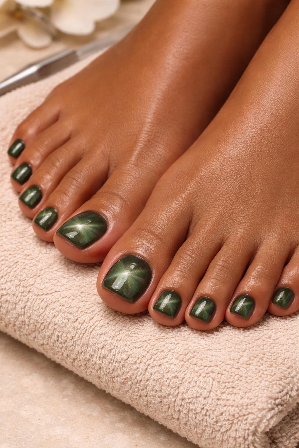 Close-up realistic salon photo of a pedicure on medium brown skin, olive green cat-eye gel polish on all toenails, soft magnetic shimmer visible across the big toes, feet resting on a beige towel, clean cuticles, natural light, no face visible.
