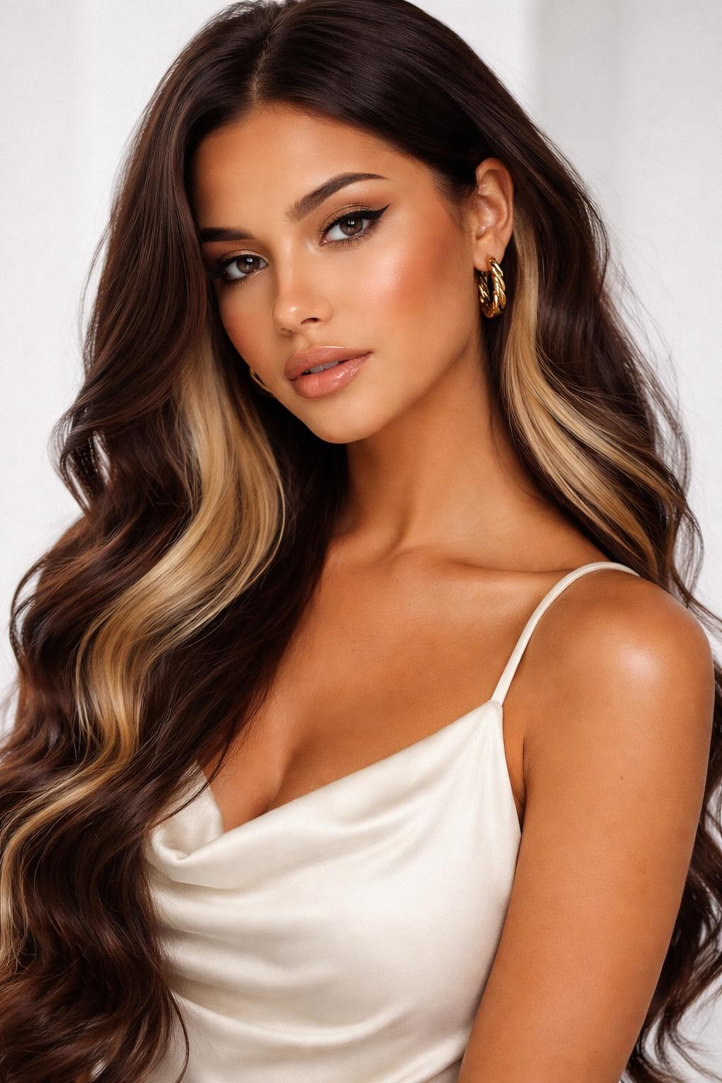 Image Prompt: A beautiful woman with long dark brown hair and a blonde underlayer color block, top layer deep brown and glossy, lower layer warm blonde visible through soft waves and lifted side section, warm brown skin, natural glam makeup, gold earrings, cream satin top, clean modern studio background, soft lighting, realistic beauty editorial portrait, clear underlayer contrast, no text, (no watermarks on images)