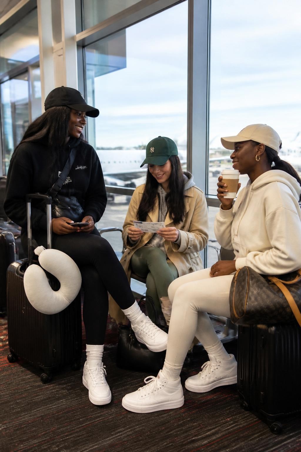 Image prompt: A realistic DSLR airport travel photo of three adult friends sitting near a large airport window, including two Black women with deep and warm brown skin tones and one woman with fair skin, wearing comfortable but stylish travel outfits with hoodies, trench coat, leggings, sneakers, and caps, one sitting on a suitcase, one sipping coffee, one checking a boarding pass, carry-on bags and neck pillow nearby, airplane visible through the window, soft morning airport light, realistic glass reflections, natural skin texture, candid travel friendship photography.