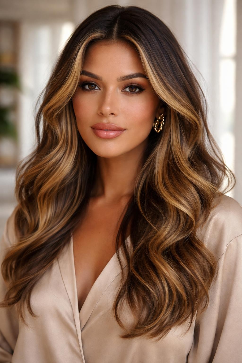 Image Prompt: A stylish woman with long dark blonde hair and golden yellow balayage, deeper roots with hand-painted golden yellow pieces through the mid-lengths and ends, soft loose waves, warm medium skin tone, natural glam makeup, glossy lips, gold earrings, beige blouse, modern indoor background, soft window light, realistic beauty editorial portrait, smooth blended golden yellow color placement, no text, (no watermarks on images)
