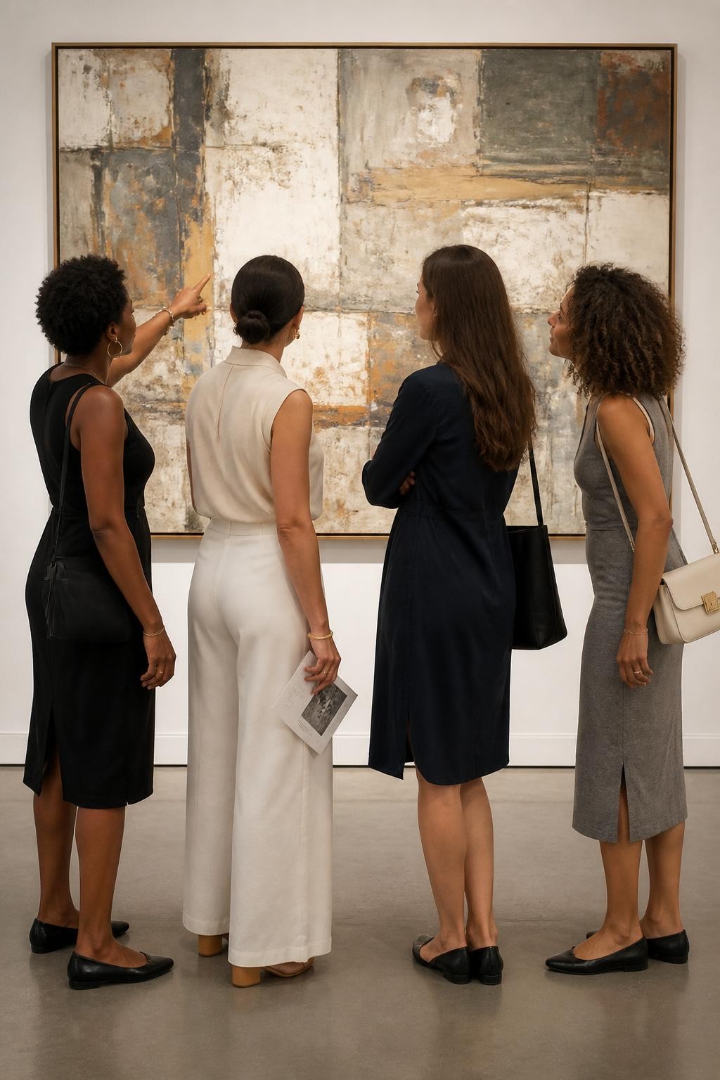 Image prompt: A refined DSLR photo of four adult women friends standing close in front of a large art gallery wall, including two Black women with rich and dark brown skin tones, one woman with olive skin, and one woman with fair skin, wearing clean stylish outfits in black, ivory, navy, and gray, all facing the artwork with their backs and side profiles partly visible, one friend pointing gently at the painting, one holding a small program, one standing with arms folded, one leaning slightly toward the group, polished concrete floor, soft museum lighting, realistic fabric texture, calm editorial friendship photo.