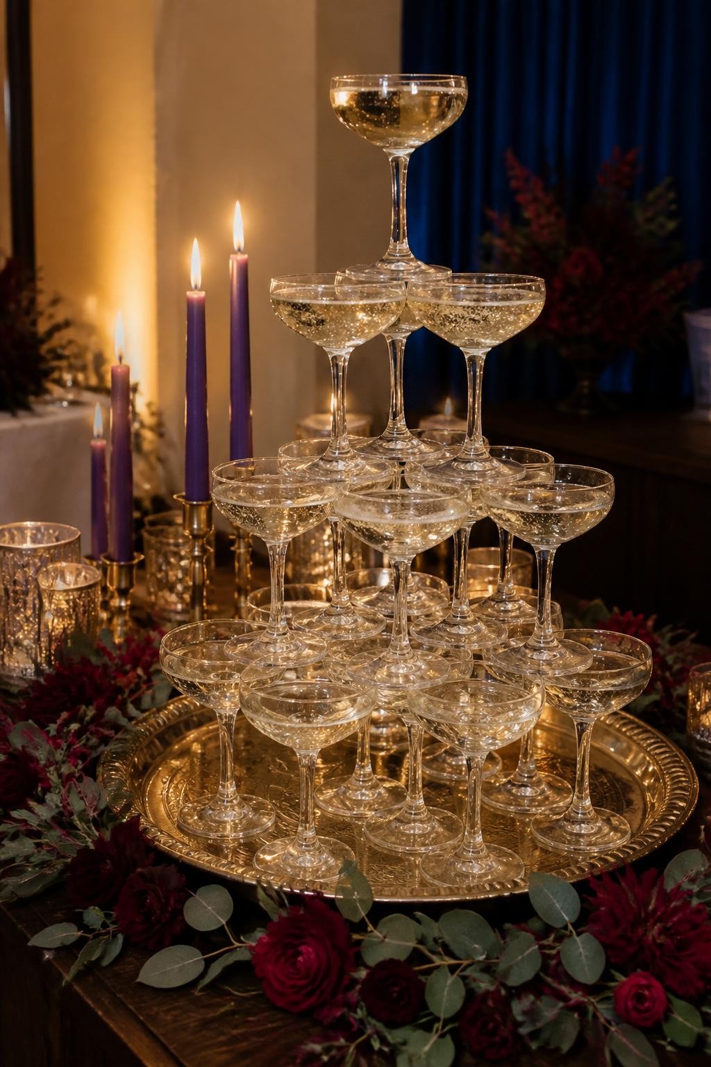 Realistic DSLR photo of a fall wedding champagne tower on a dark wood bar, coupe glasses catching warm light, emerald green and ruby red floral garland around the base, amethyst candles, gold tray, sapphire velvet backdrop, candlelit reception mood, elegant party detail.