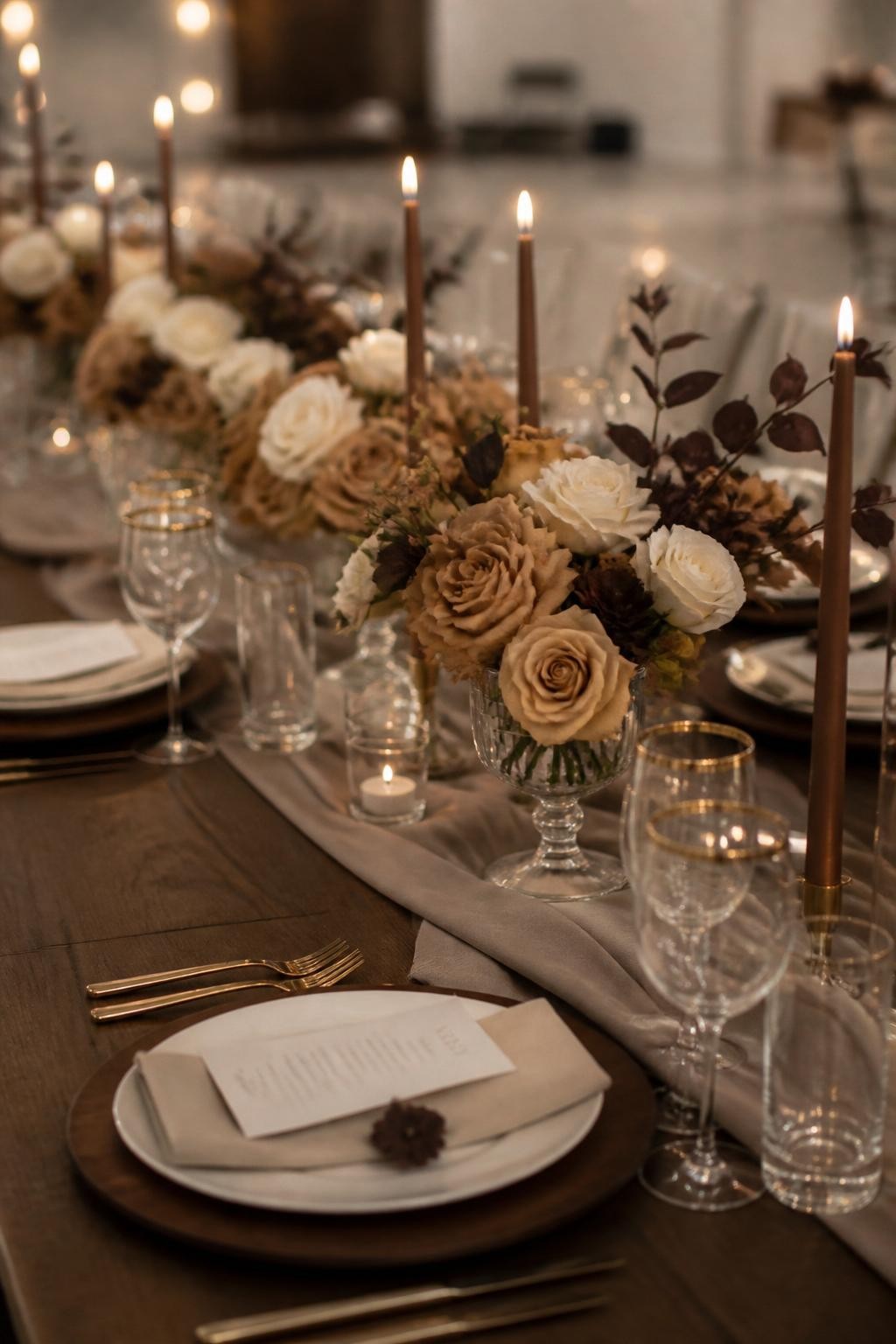 Realistic DSLR photo of a fall wedding reception table with cappuccino roses in small glass compotes, taupe linen runner, mocha taper candles, cream plates, walnut wood chargers, gold-rimmed glasses, soft restaurant lighting, modern romantic table design.