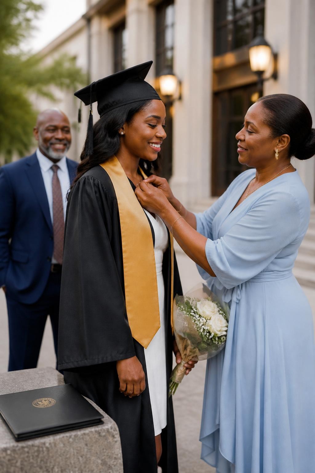 Image prompt: A warm DSLR graduation portrait of a Black woman graduate with rich dark skin standing outside a ceremony hall while her mother gently fixes the front of her graduation gown, the graduate wearing a black cap, gold stole, white dress, and simple pearl earrings, mother wearing a soft blue wrap dress and holding a small bouquet in one hand, father standing nearby slightly blurred with a proud smile, diploma folder on a stone ledge, soft daylight, clean campus walkway, realistic fabric folds, natural skin texture, emotional family graduation moment, human lifestyle photography.
