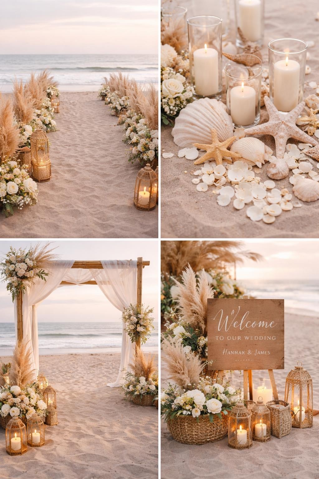 A professional 4-grid wedding decor collage showing a beach wedding entrance walkway, top-left image featuring a sandy walkway lined with pampas grass, white flowers, and woven lanterns leading toward the ocean, top-right image showing close-up seashell accents mixed with candles and petals, bottom-left image showing a bamboo entrance arch with flowing white fabric, bottom-right image showing a beach welcome sign beside baskets, greenery, and neutral florals, soft coastal wedding lighting, no faces, no watermarks on images.